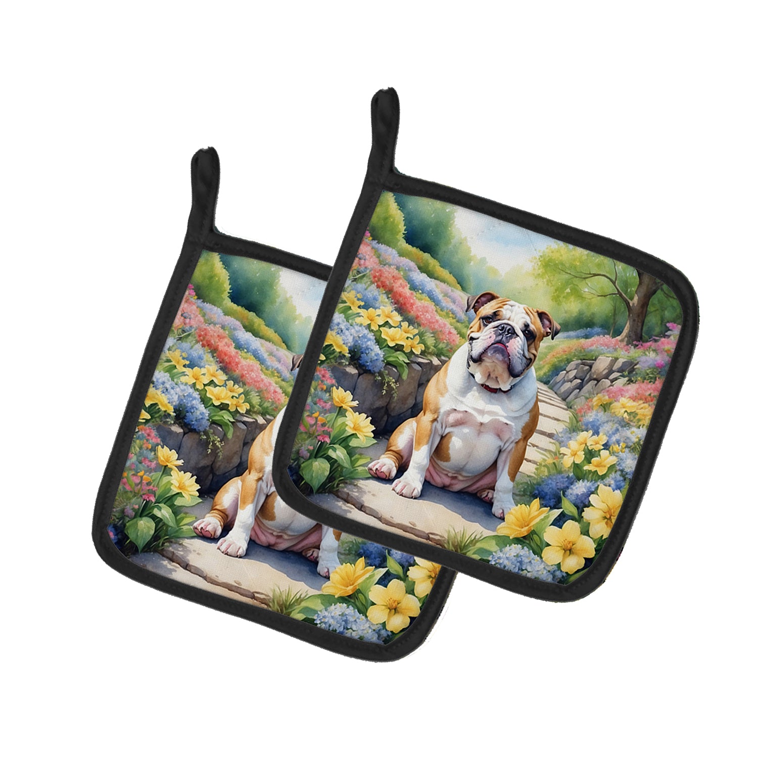 Buy this English Bulldog Spring Path Pair of Pot Holders