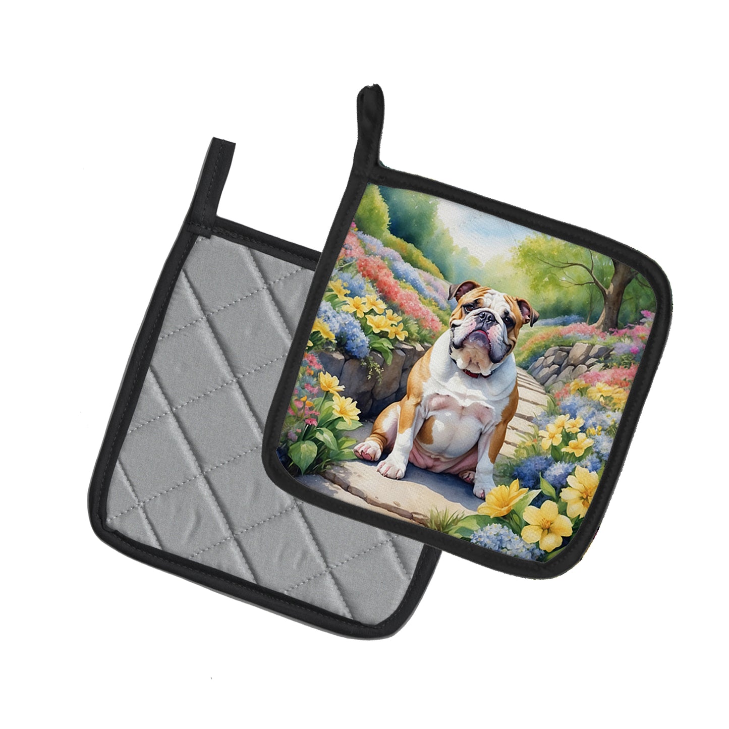 English Bulldog Spring Path Pair of Pot Holders