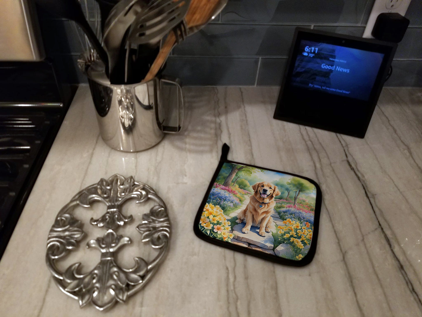 Golden Retriever Spring Path Pair of Pot Holders