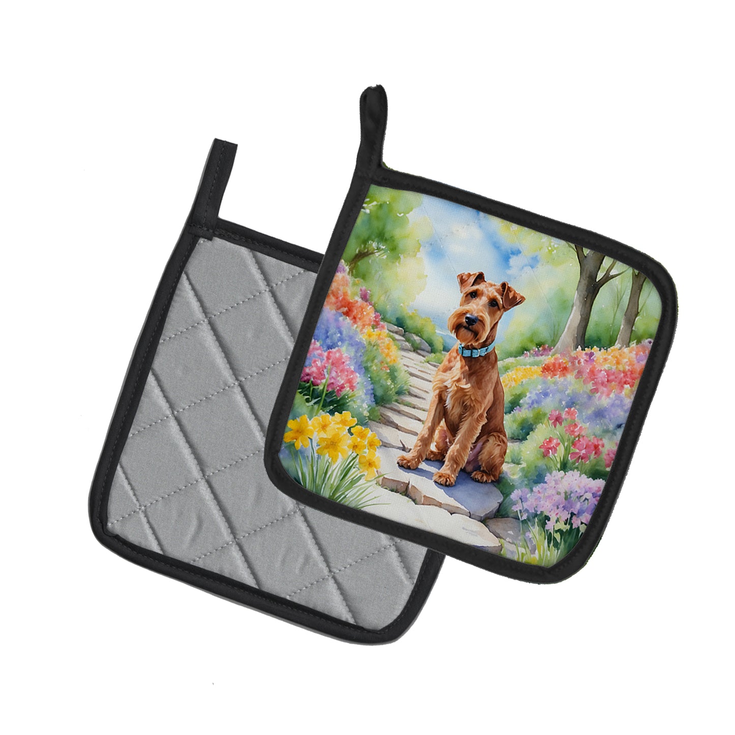 Irish Terrier Spring Path Pair of Pot Holders