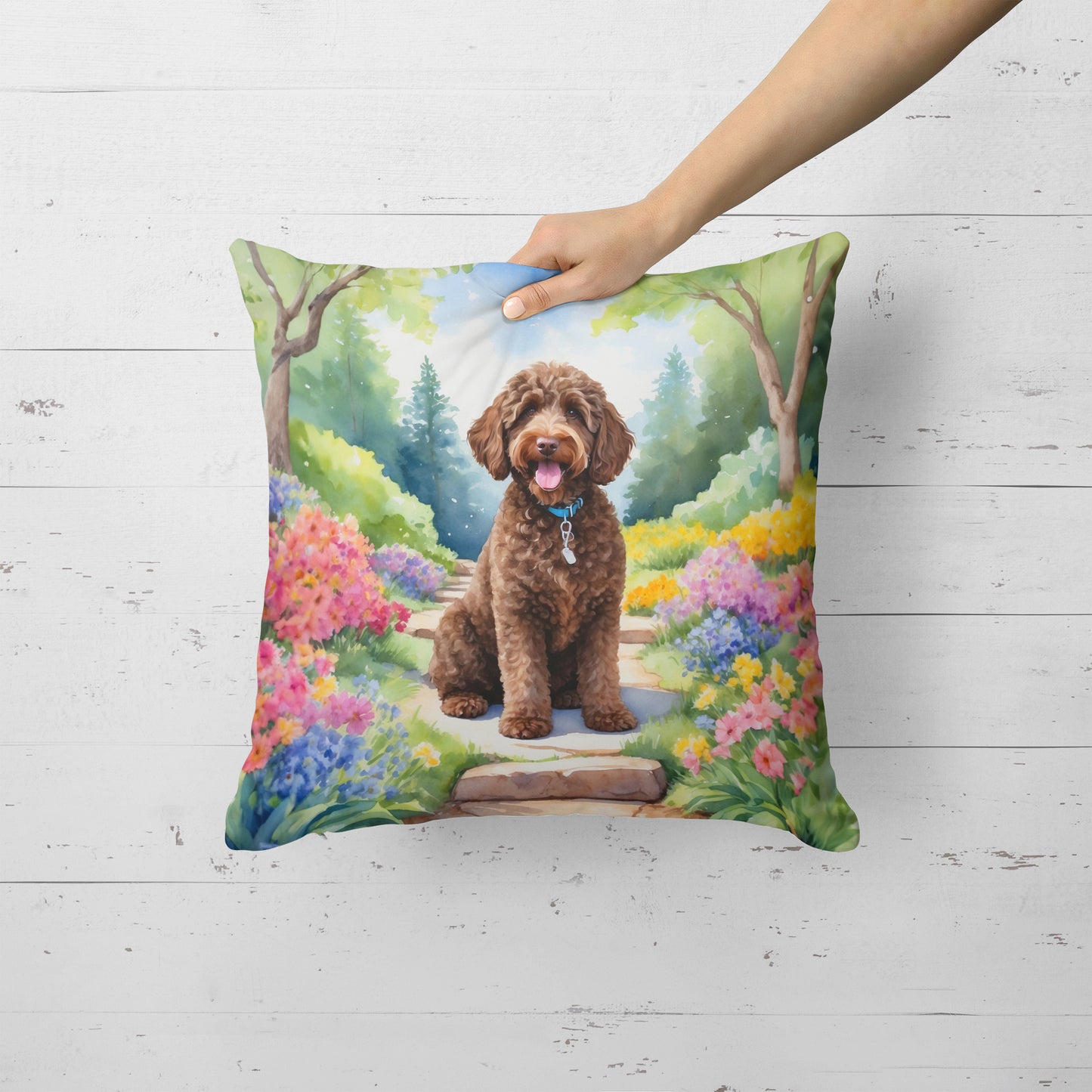 Labradoodle Spring Path Throw Pillow