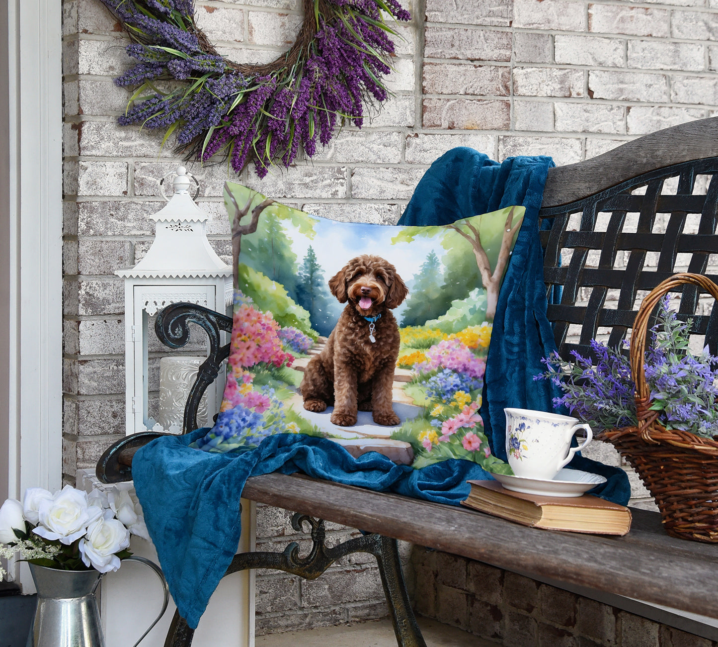 Labradoodle Spring Path Throw Pillow