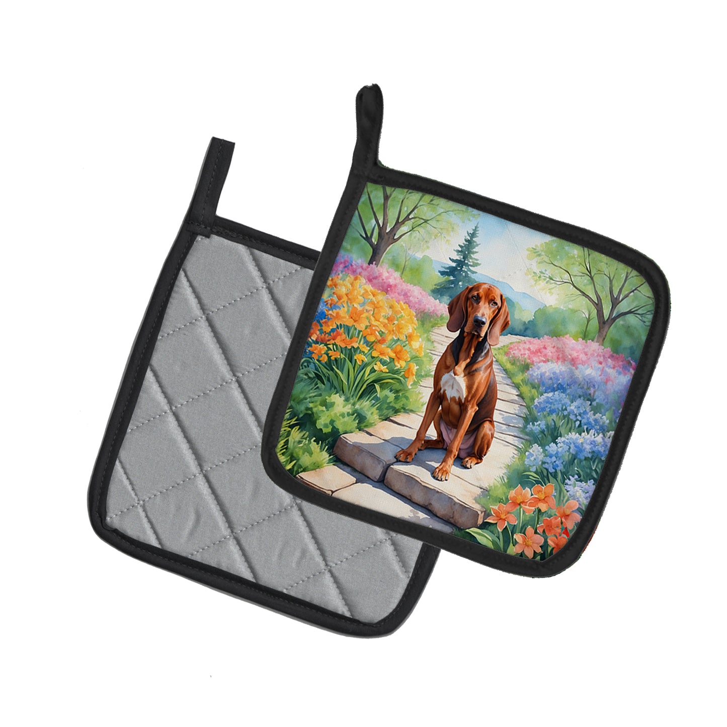 Redbone Coonhound Spring Path Pair of Pot Holders