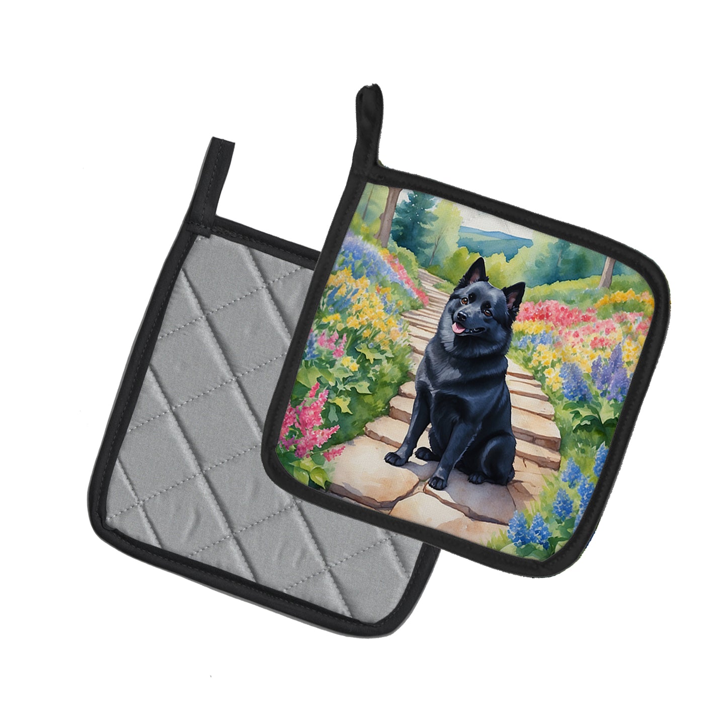 Schipperke Spring Path Pair of Pot Holders