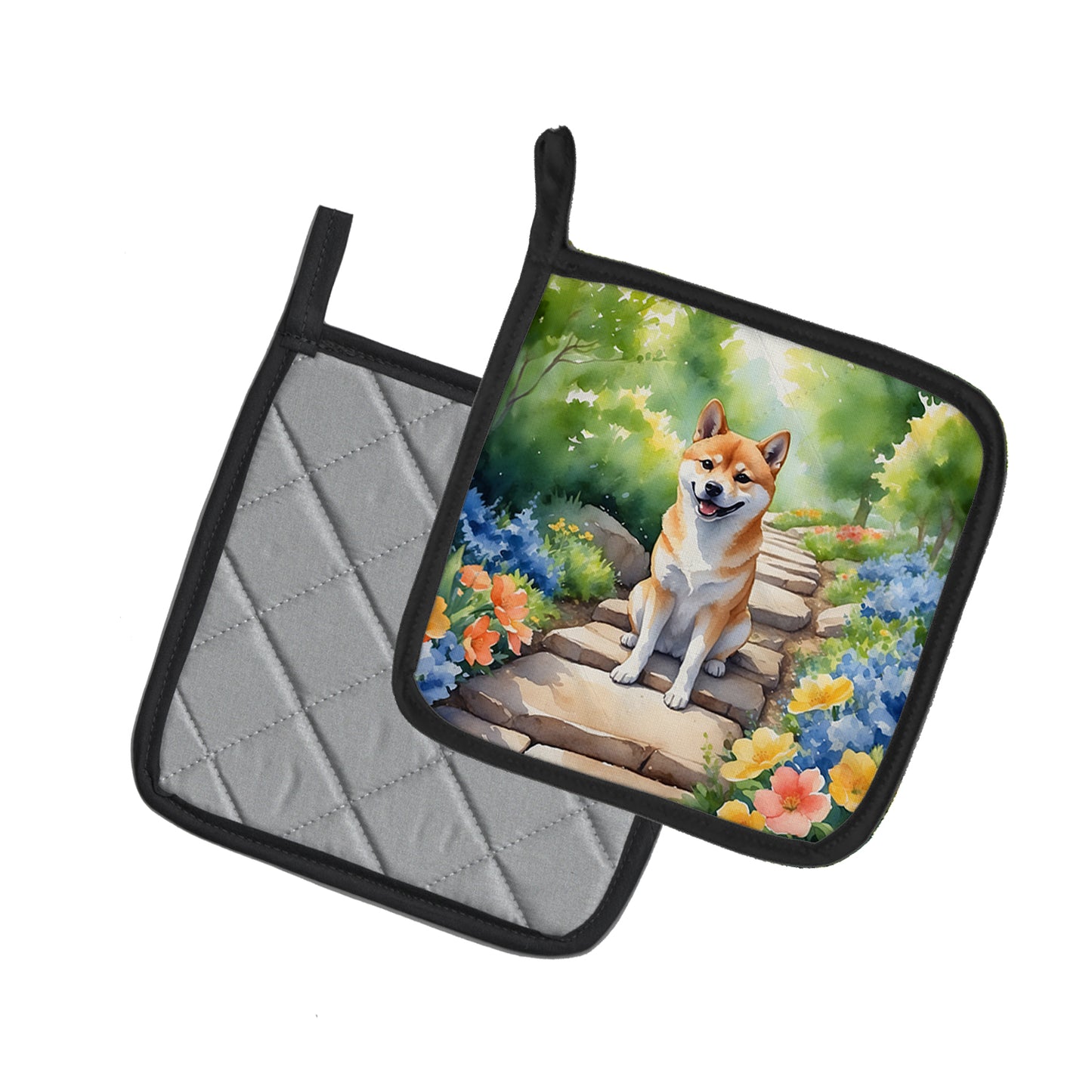 Shiba Inu Spring Path Pair of Pot Holders