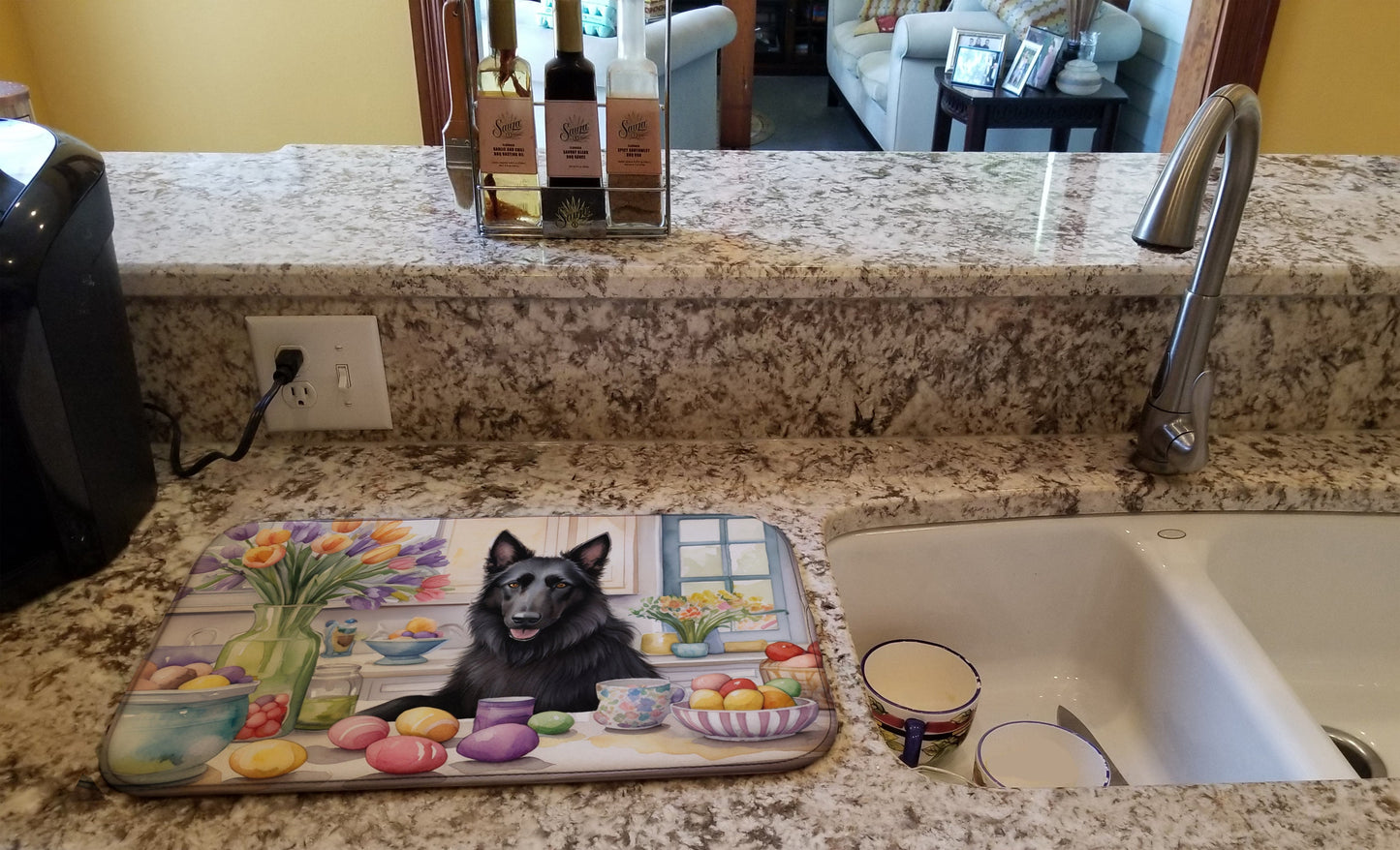 Decorating Easter Belgian Sheepdog Dish Drying Mat