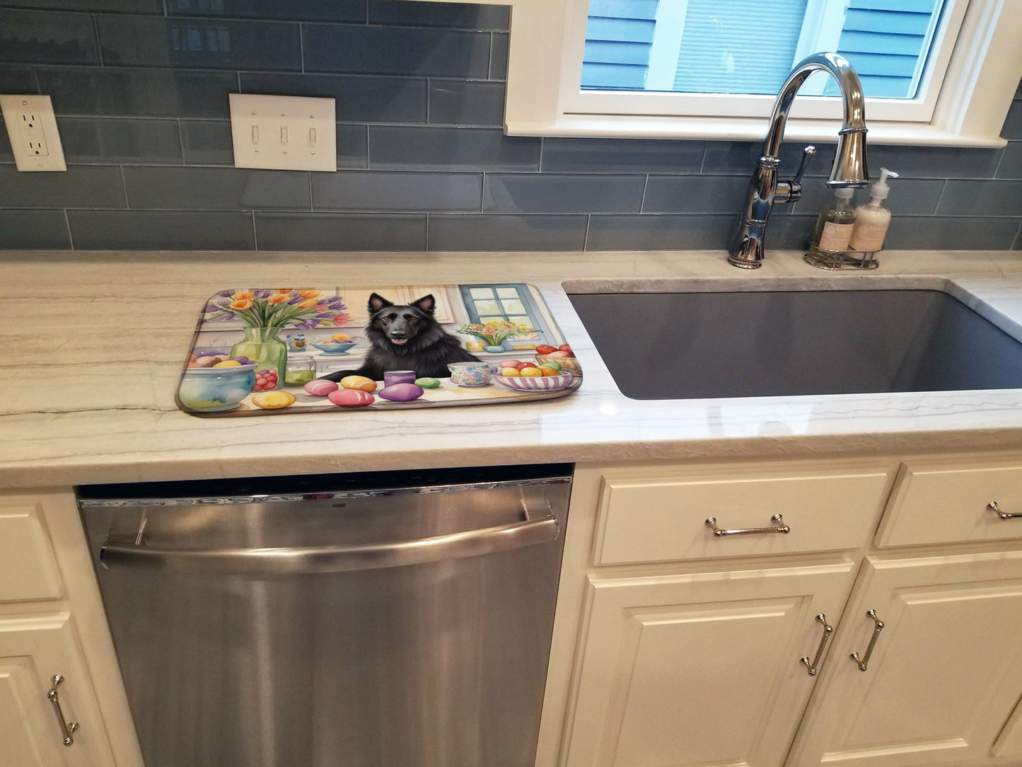 Decorating Easter Belgian Sheepdog Dish Drying Mat