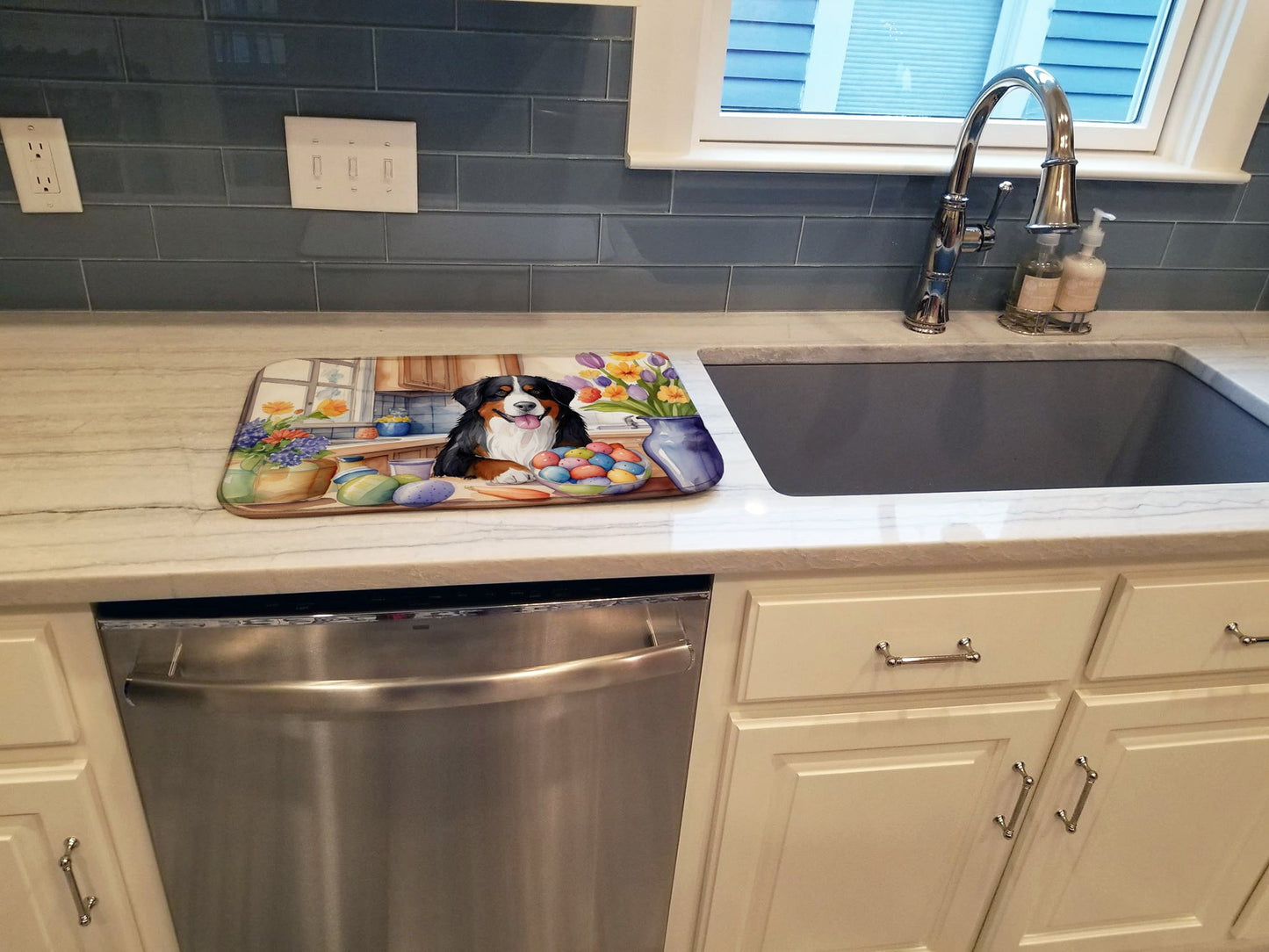 Decorating Easter Bernese Mountain Dog Dish Drying Mat