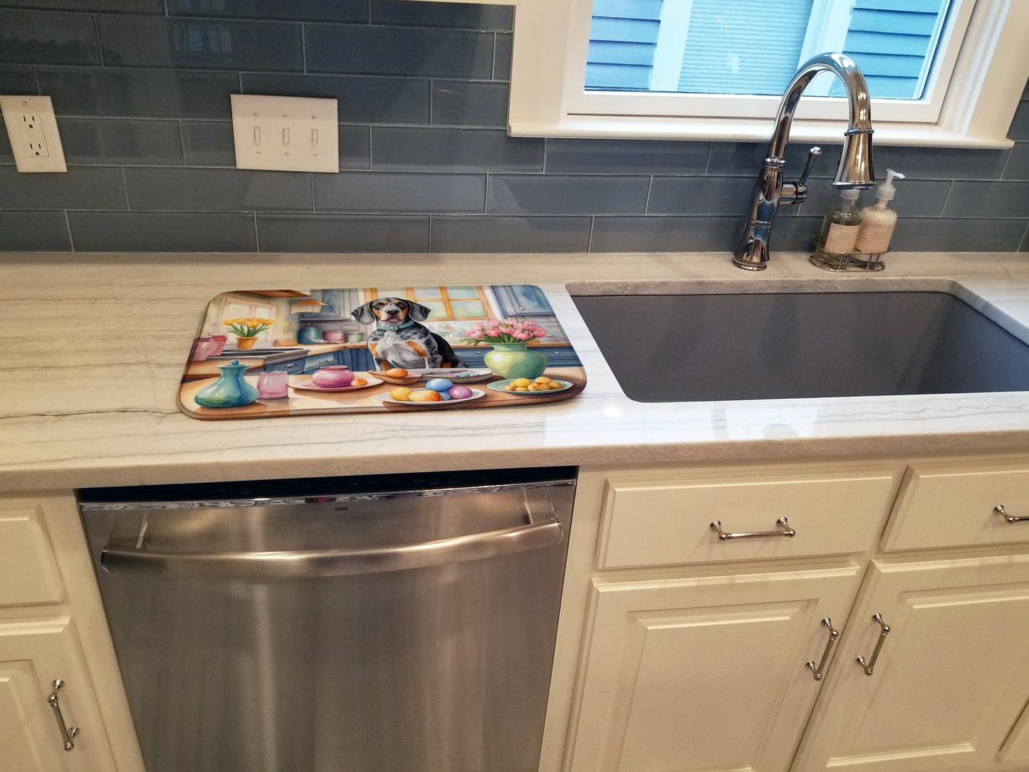 Decorating Easter Bluetick Coonhound Dish Drying Mat