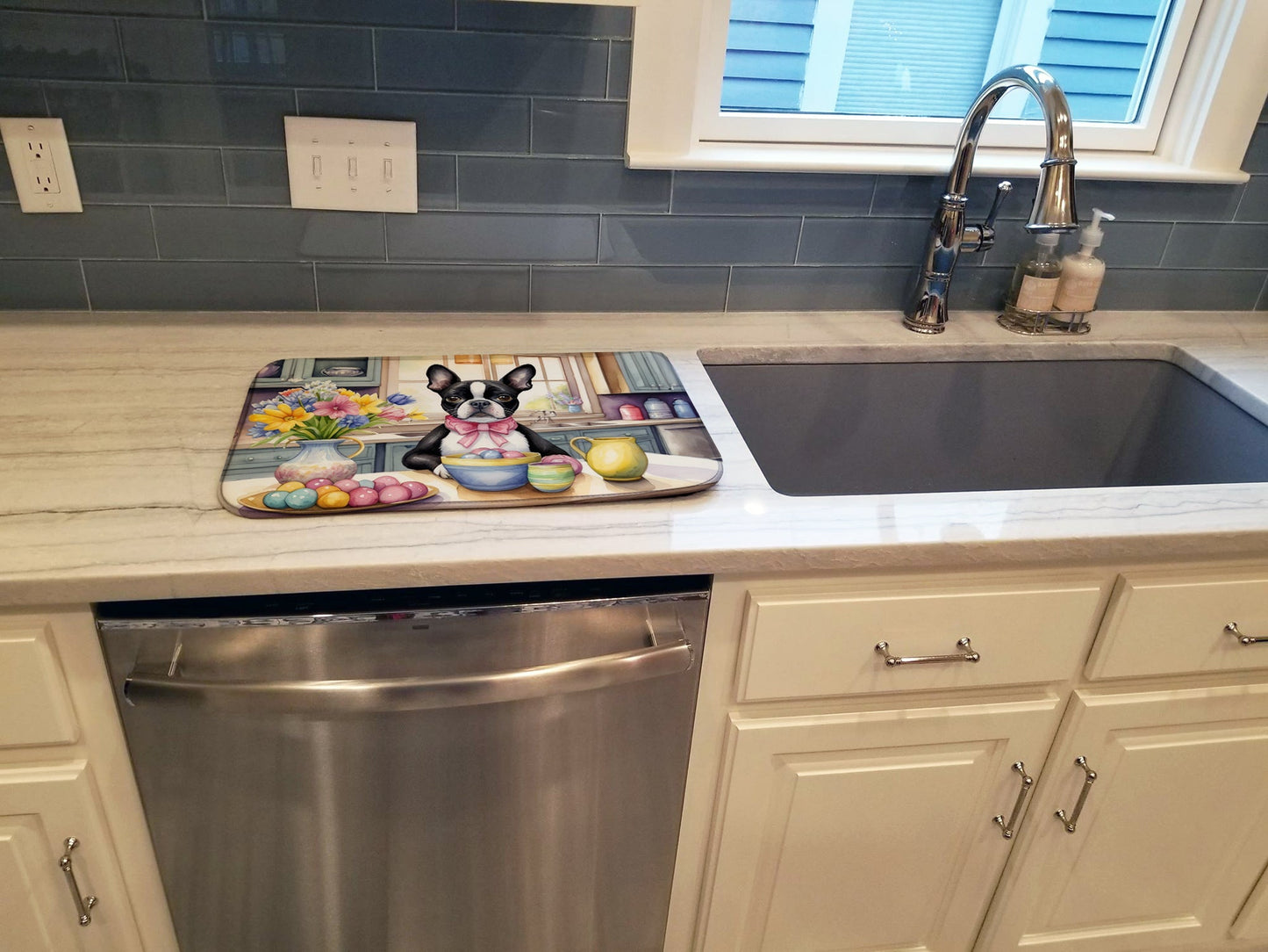 Decorating Easter Boston Terrier Dish Drying Mat