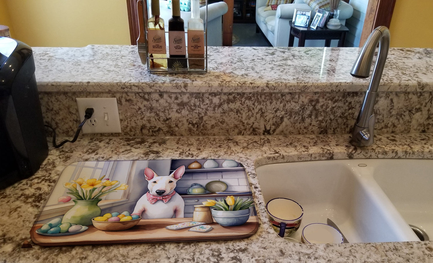 Decorating Easter English Bull Terrier Dish Drying Mat