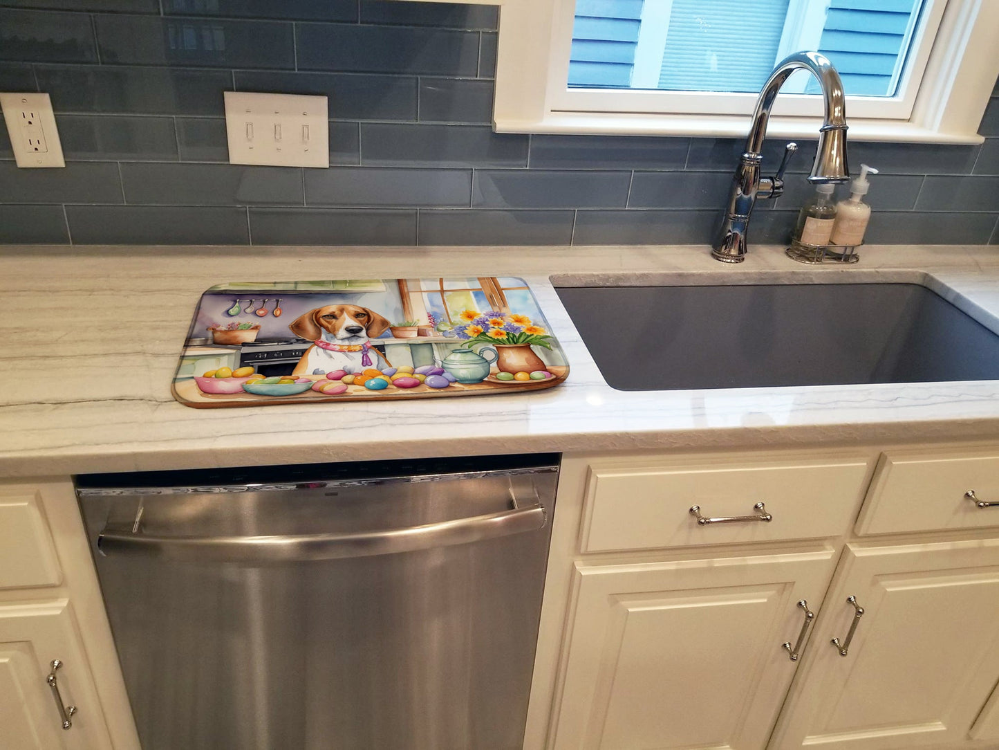 Decorating Easter English Foxhound Dish Drying Mat