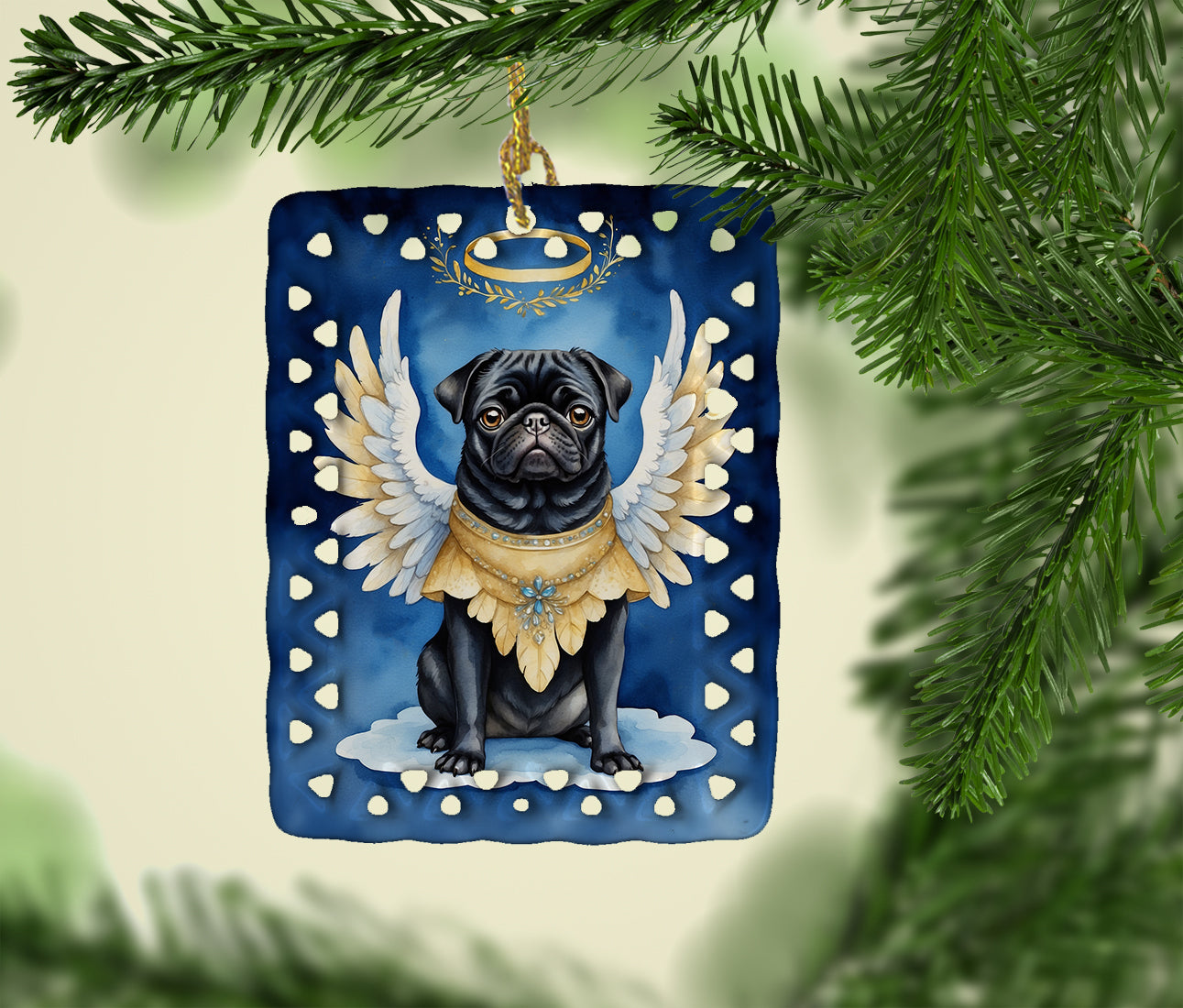 Black Pug My Angel Porcelain Ornament
