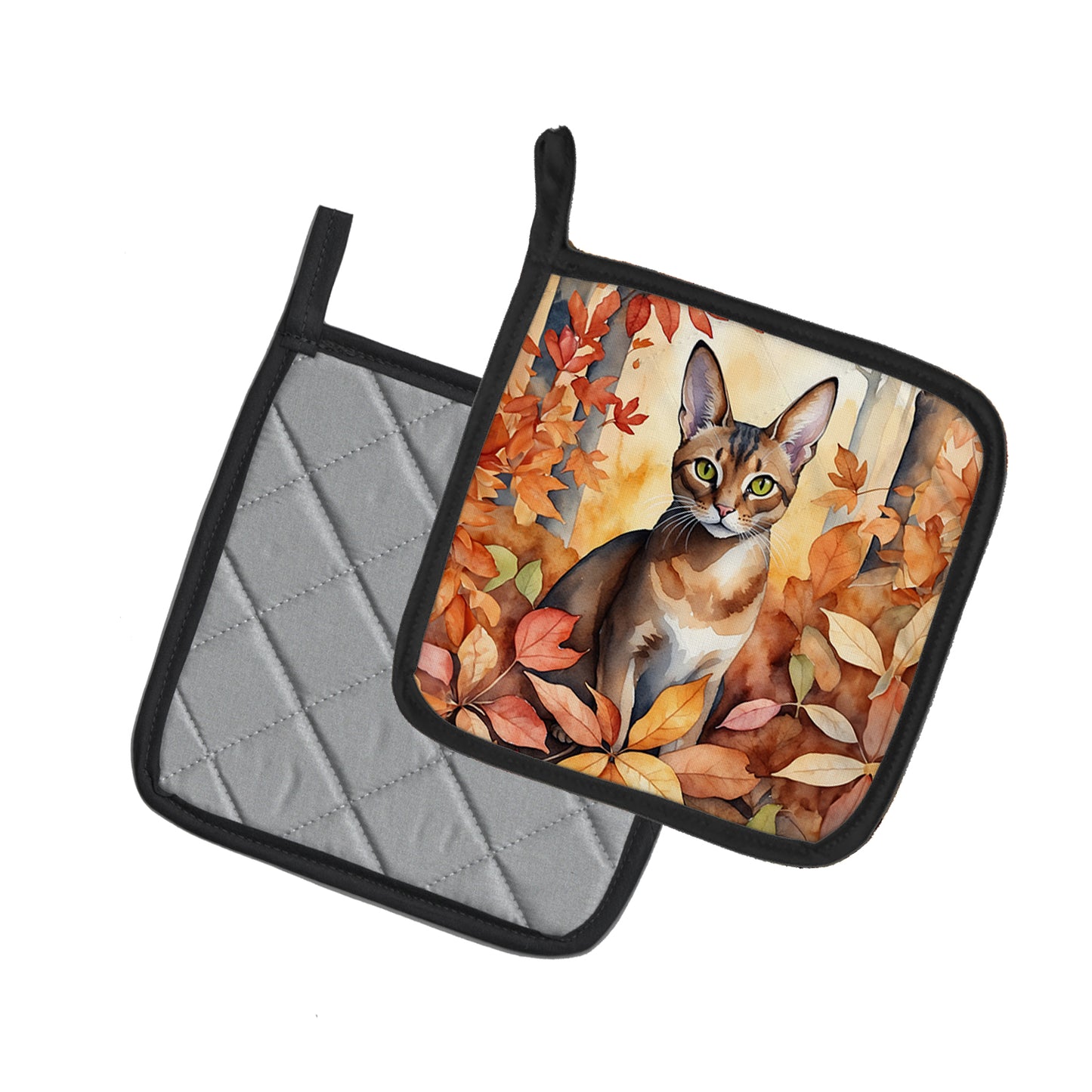 Abyssinian Cat in Fall Leaves Pair of Pot Holders