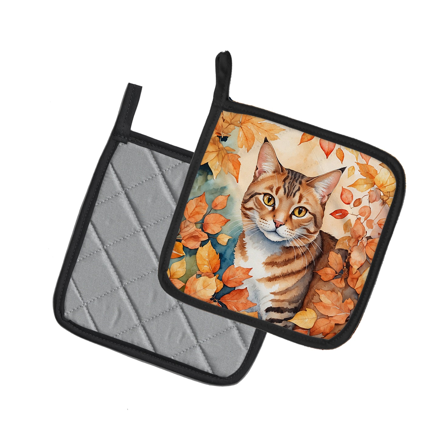Aegean Cat in Fall Leaves Pair of Pot Holders