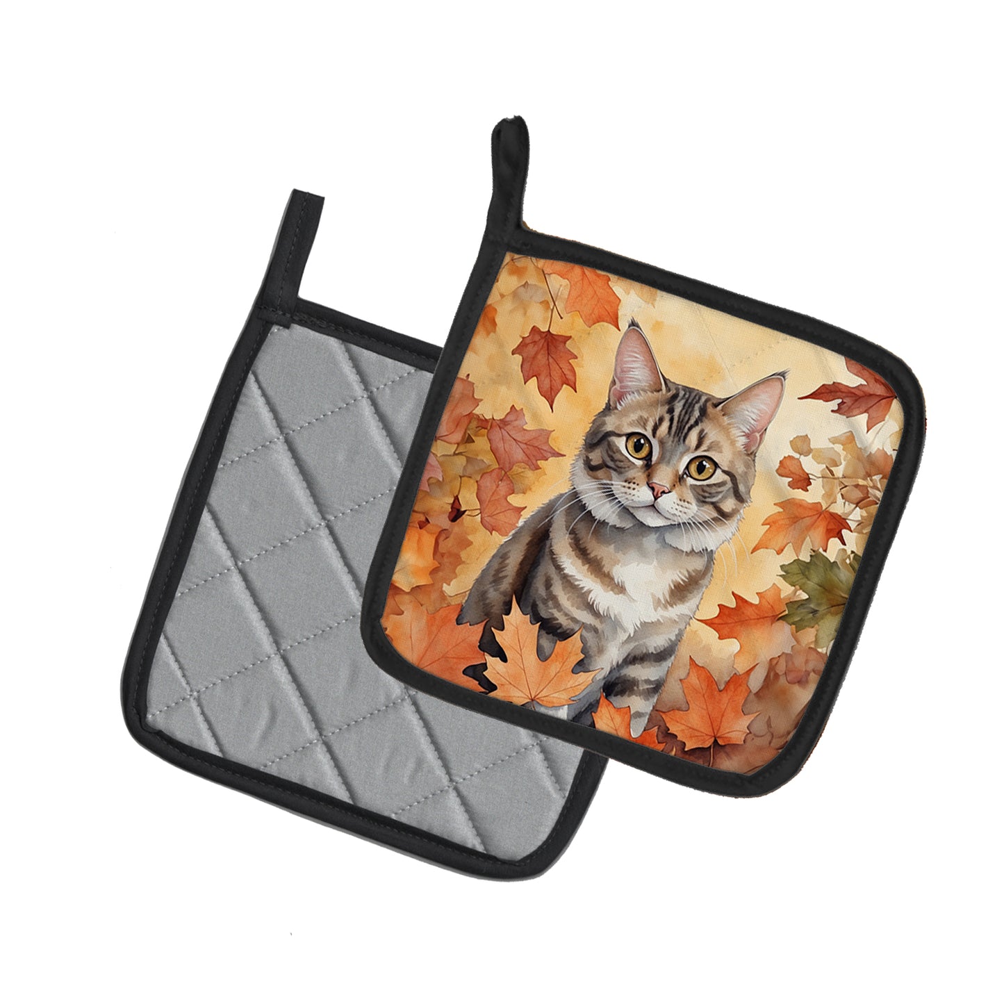 American Bobtail Cat in Fall Leaves Pair of Pot Holders
