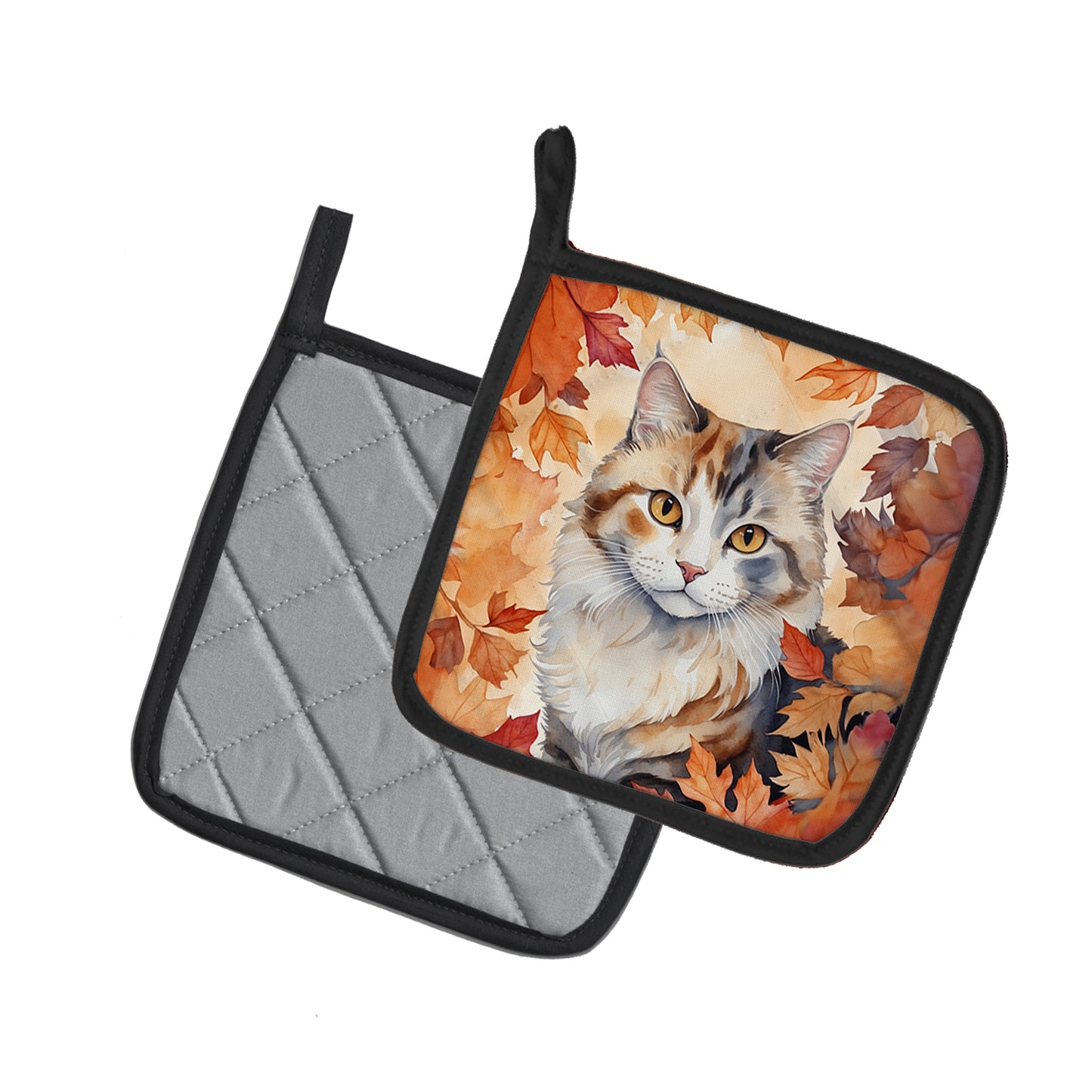 American Curl Cat in Fall Leaves Pair of Pot Holders