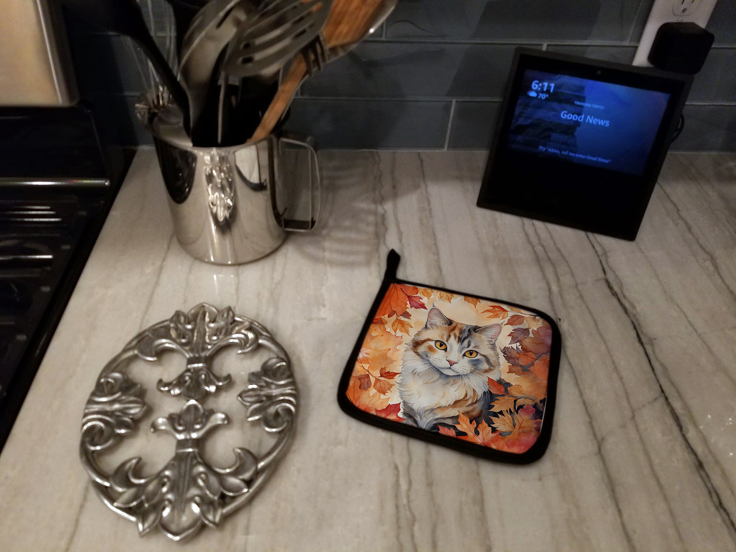 American Curl Cat in Fall Leaves Pair of Pot Holders