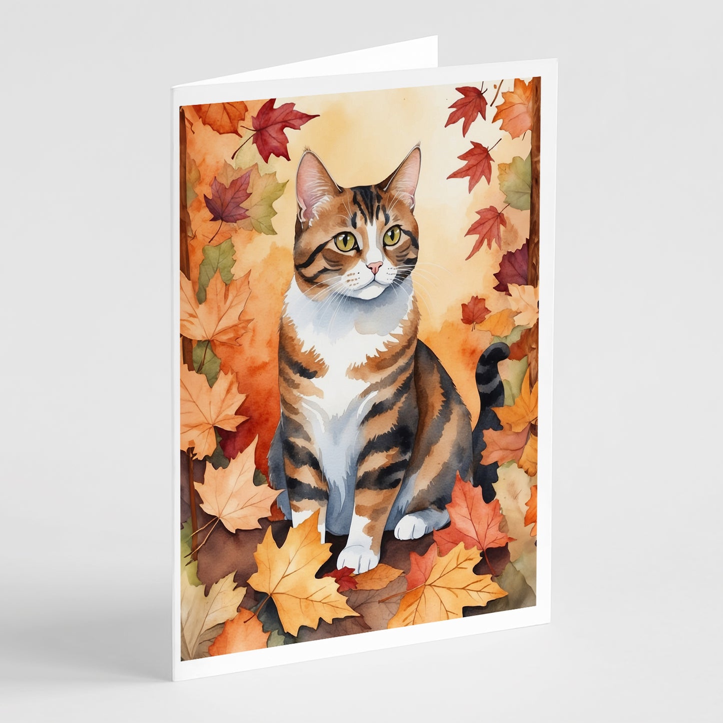 Buy this American Polydactyl Cat in Fall Leaves Greeting Cards Pack of 8