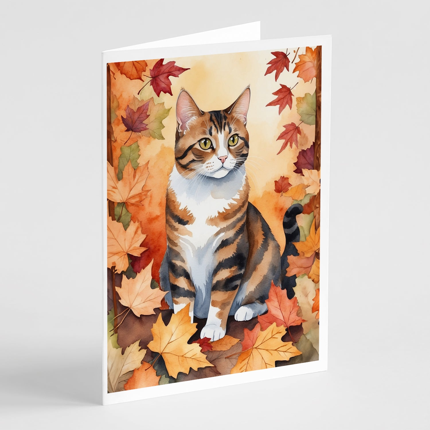 Buy this American Polydactyl Cat in Fall Leaves Greeting Cards Pack of 8