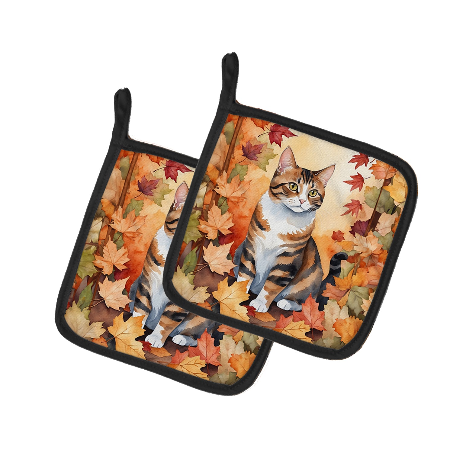 Buy this American Polydactyl Cat in Fall Leaves Pair of Pot Holders