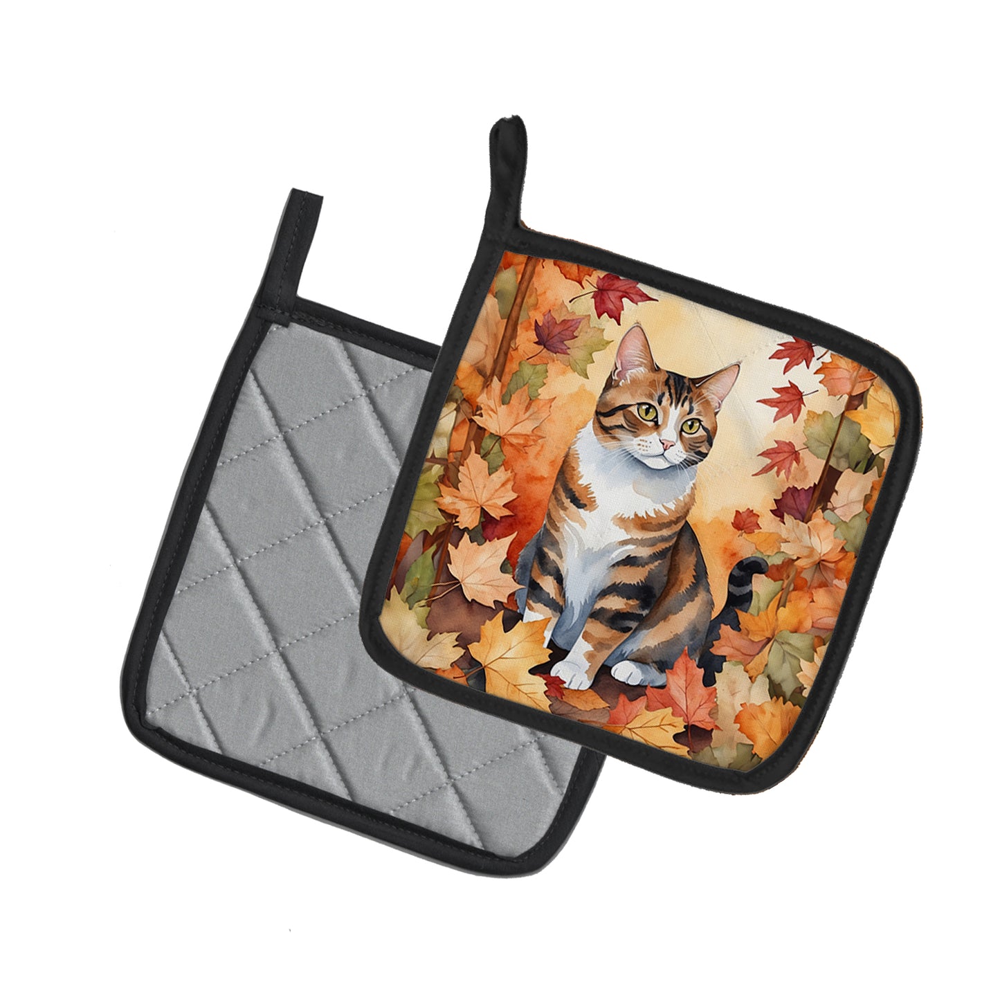 American Polydactyl Cat in Fall Leaves Pair of Pot Holders