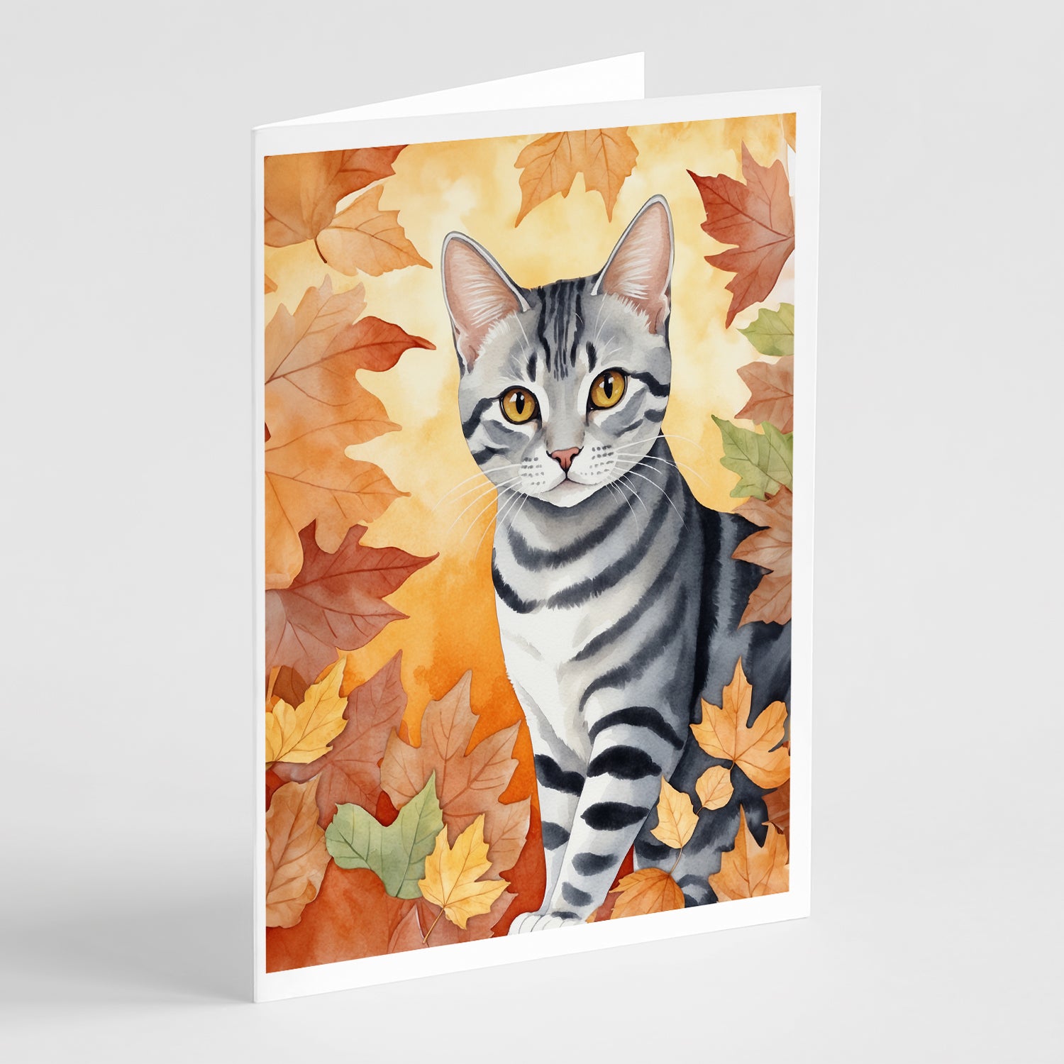 Buy this American Shorthair Cat in Fall Leaves Greeting Cards Pack of 8