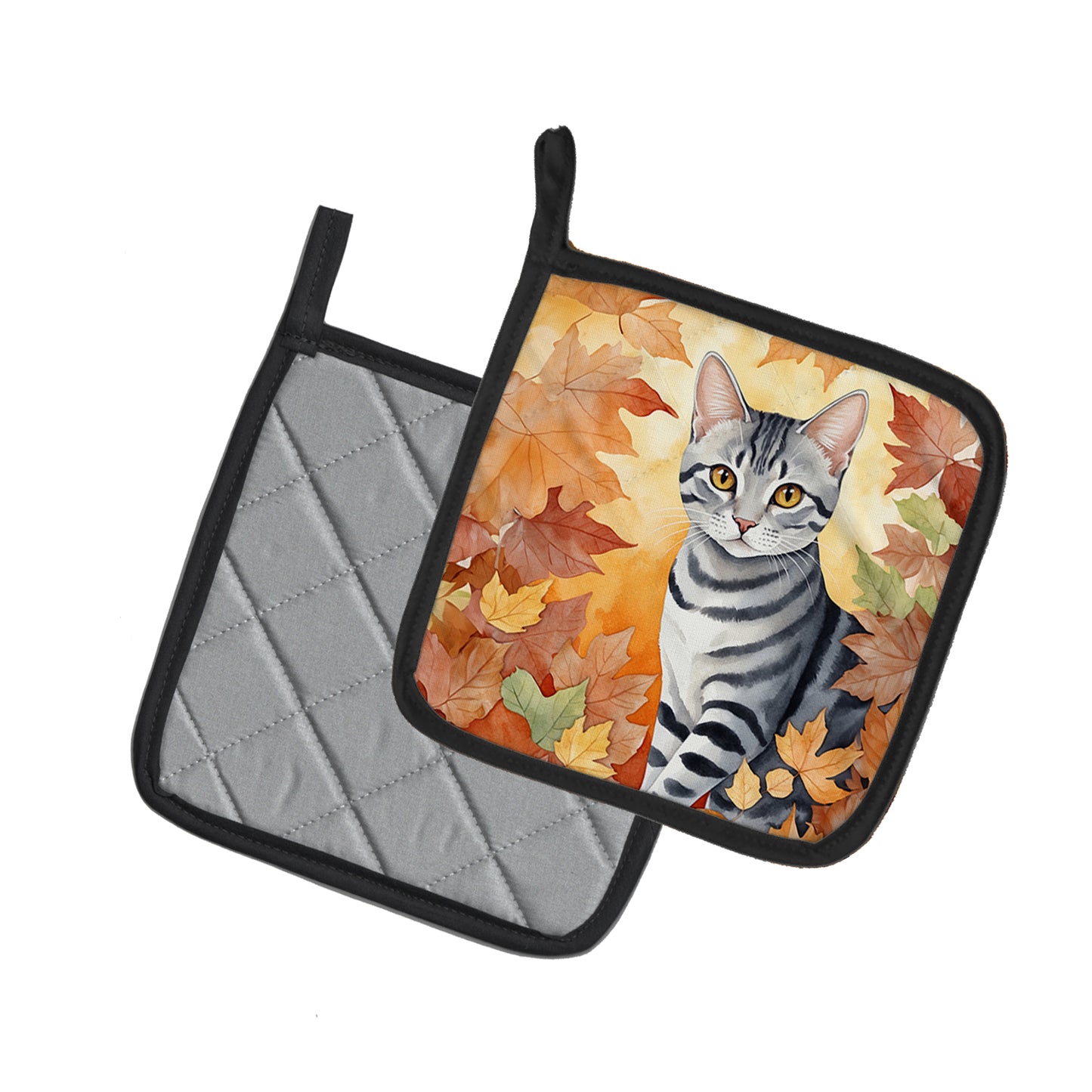 American Shorthair Cat in Fall Leaves Pair of Pot Holders