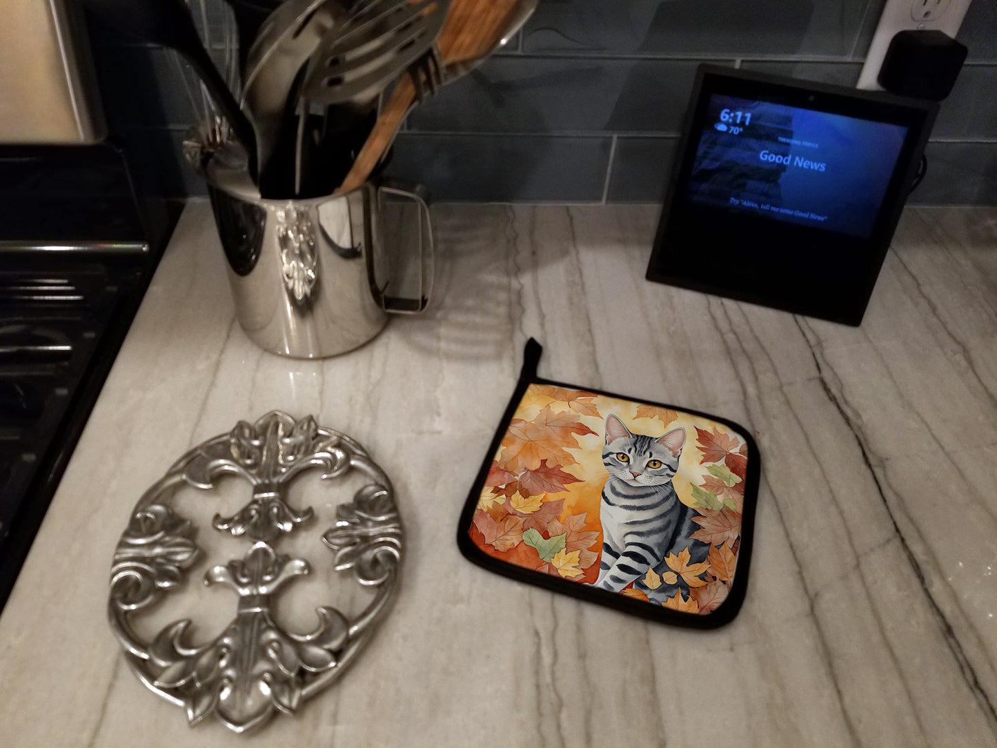 American Shorthair Cat in Fall Leaves Pair of Pot Holders