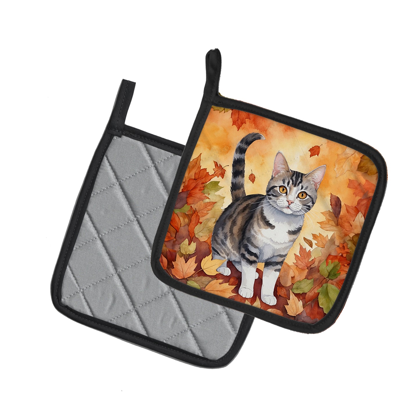 American Wirehair Cat in Fall Leaves Pair of Pot Holders