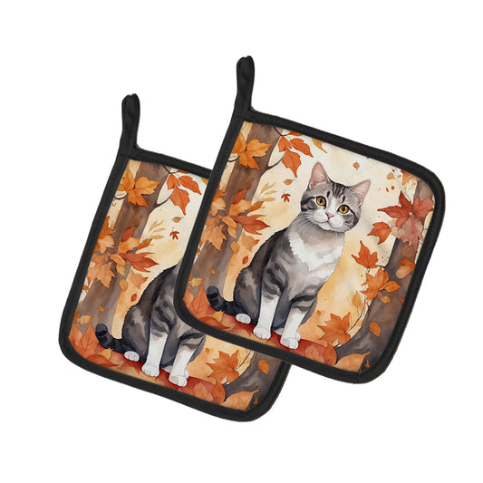 Buy this American Wirehair Cat in Fall Leaves Pair of Pot Holders