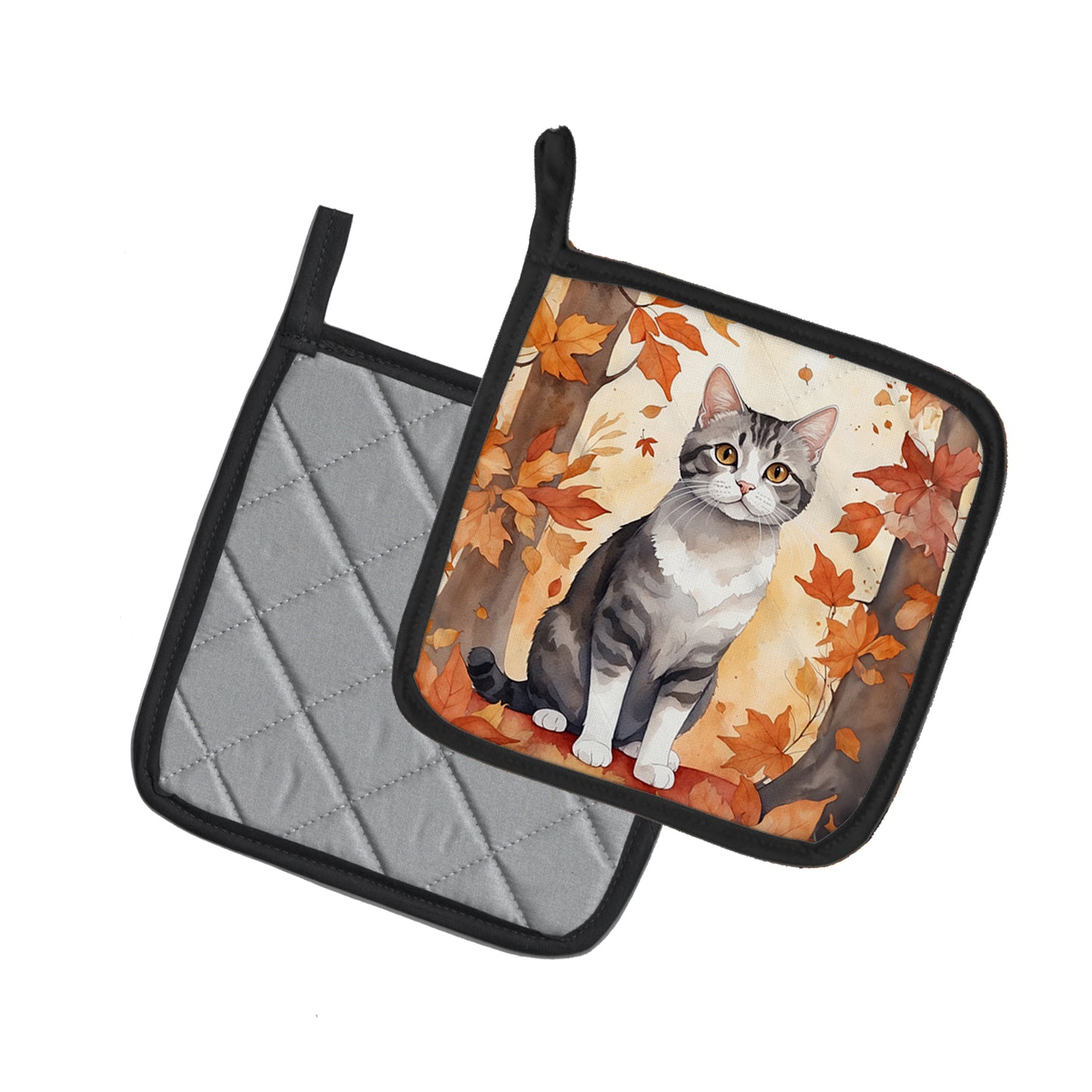American Wirehair Cat in Fall Leaves Pair of Pot Holders