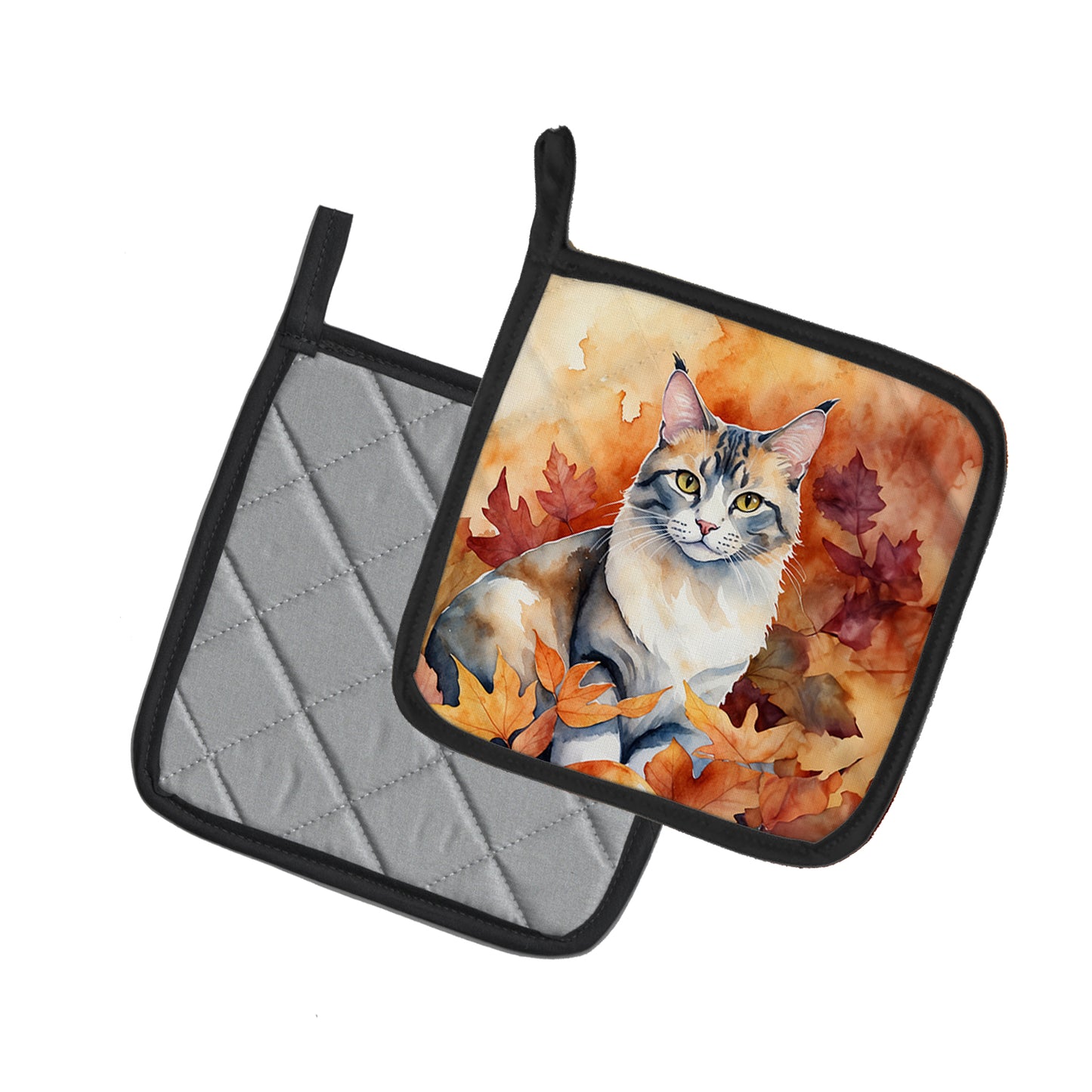 Aphrodite Giant Cat in Fall Leaves Pair of Pot Holders