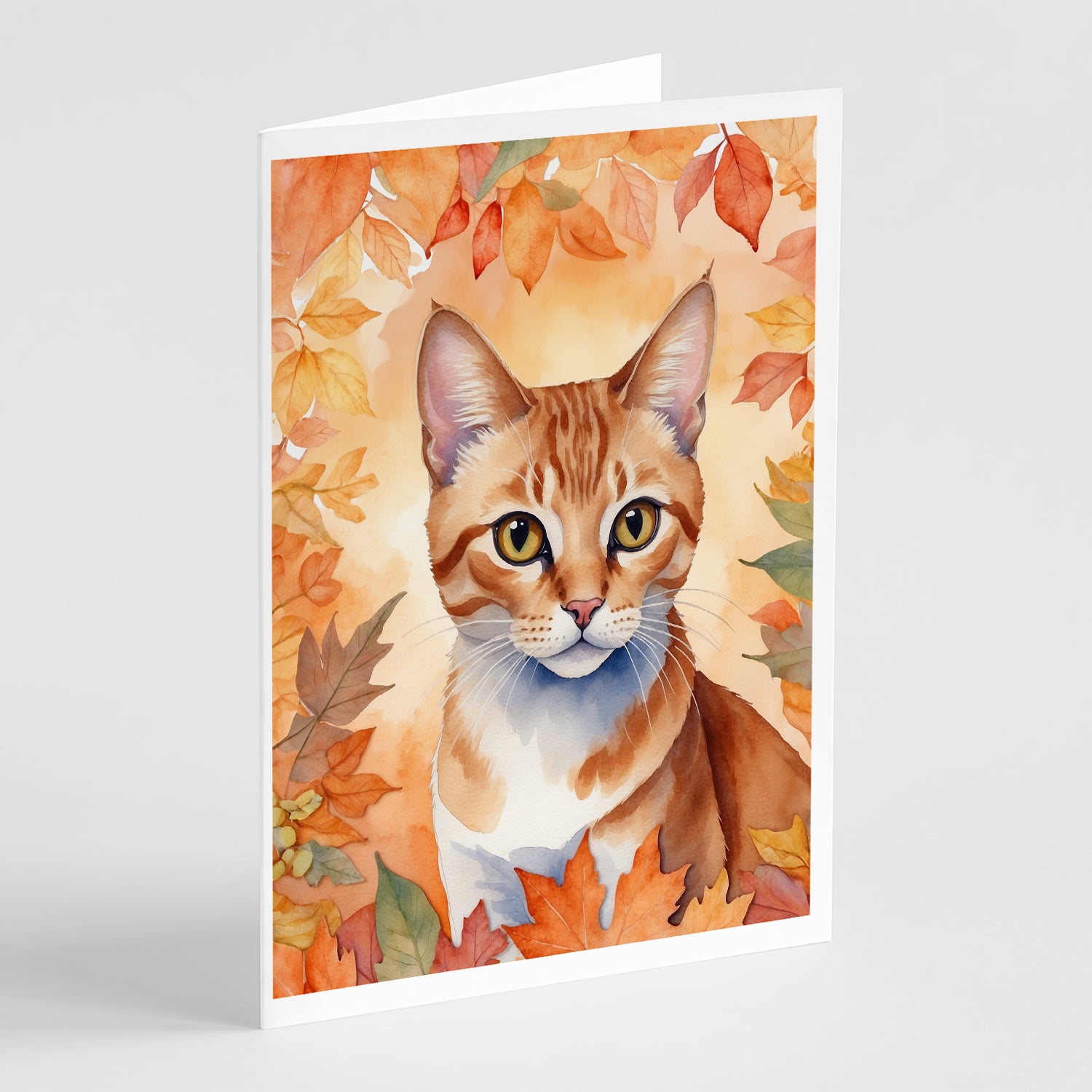 Buy this Arabian Mau Cat in Fall Leaves Greeting Cards Pack of 8