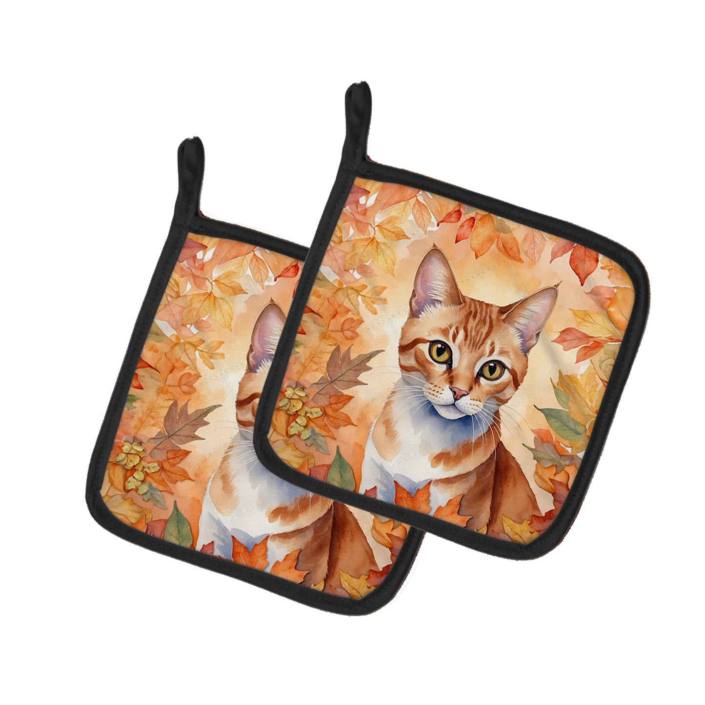 Buy this Arabian Mau Cat in Fall Leaves Pair of Pot Holders