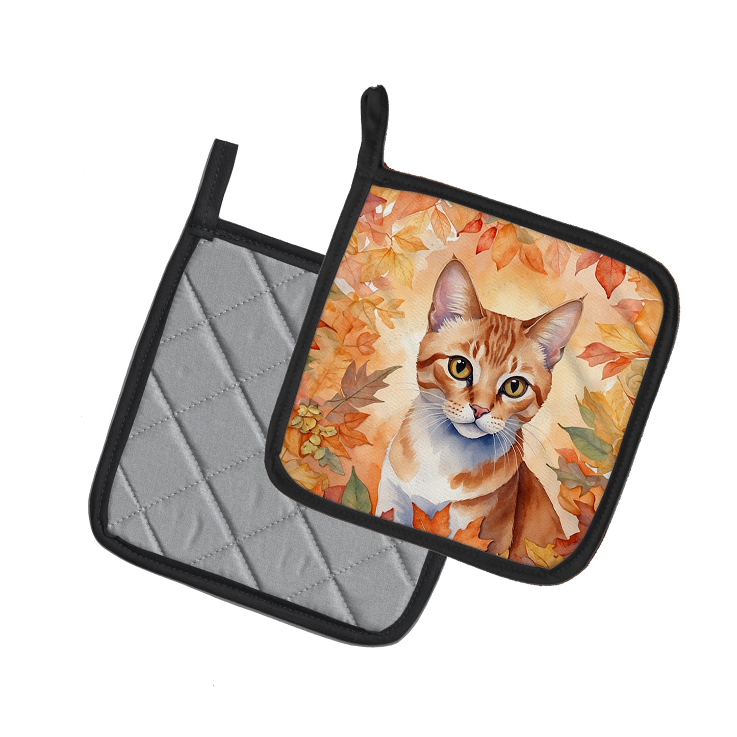 Arabian Mau Cat in Fall Leaves Pair of Pot Holders
