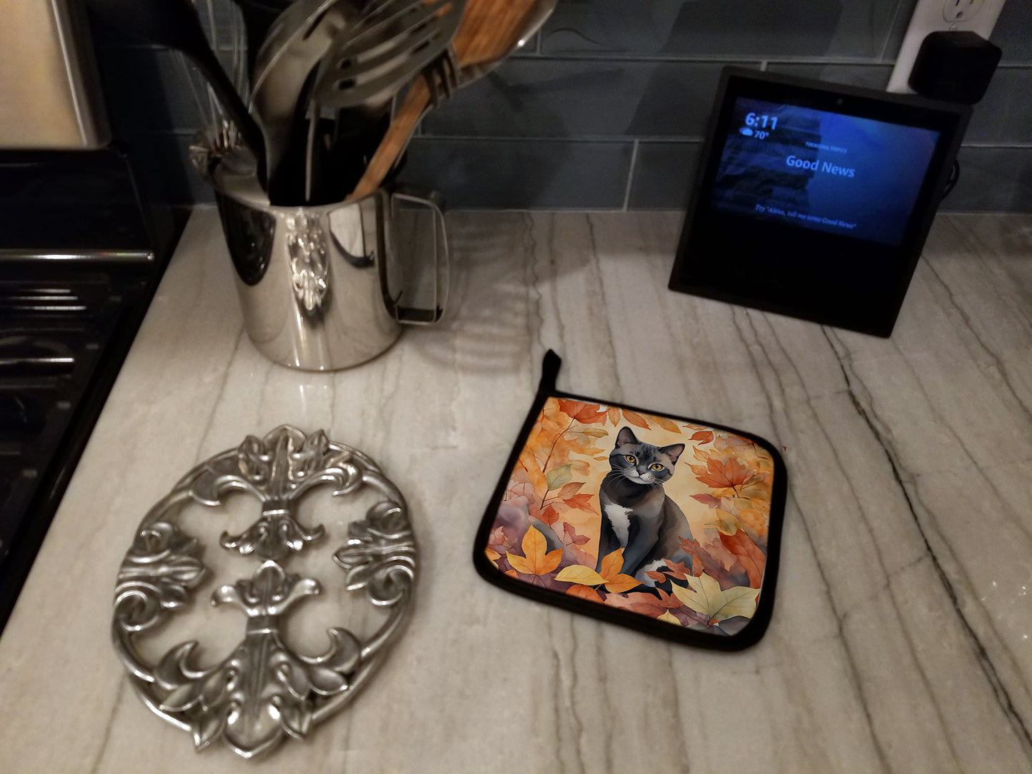 Asian Cat in Fall Leaves Pair of Pot Holders