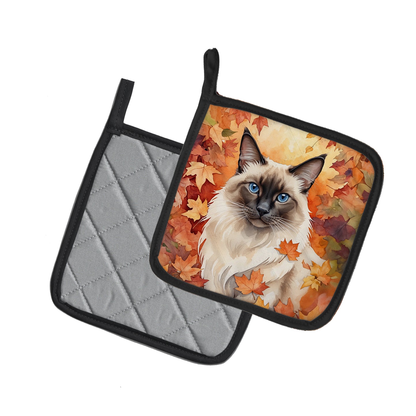 Balinese Cat in Fall Leaves Pair of Pot Holders