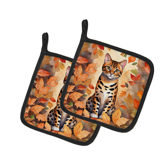 Buy this Bengal Cat in Fall Leaves Pair of Pot Holders