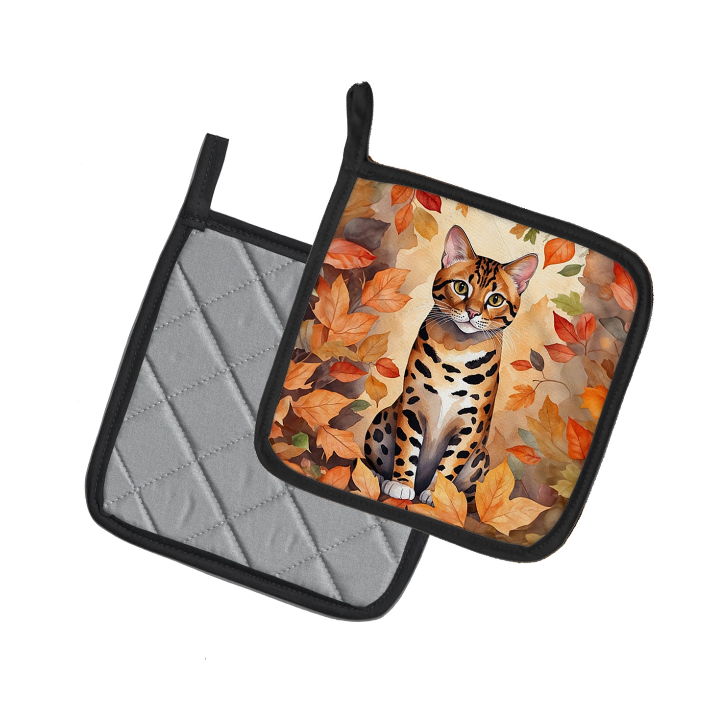 Bengal Cat in Fall Leaves Pair of Pot Holders