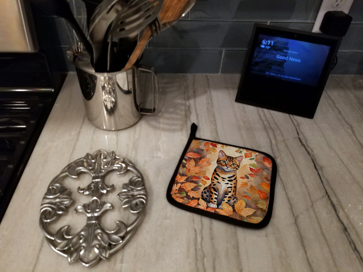Bengal Cat in Fall Leaves Pair of Pot Holders