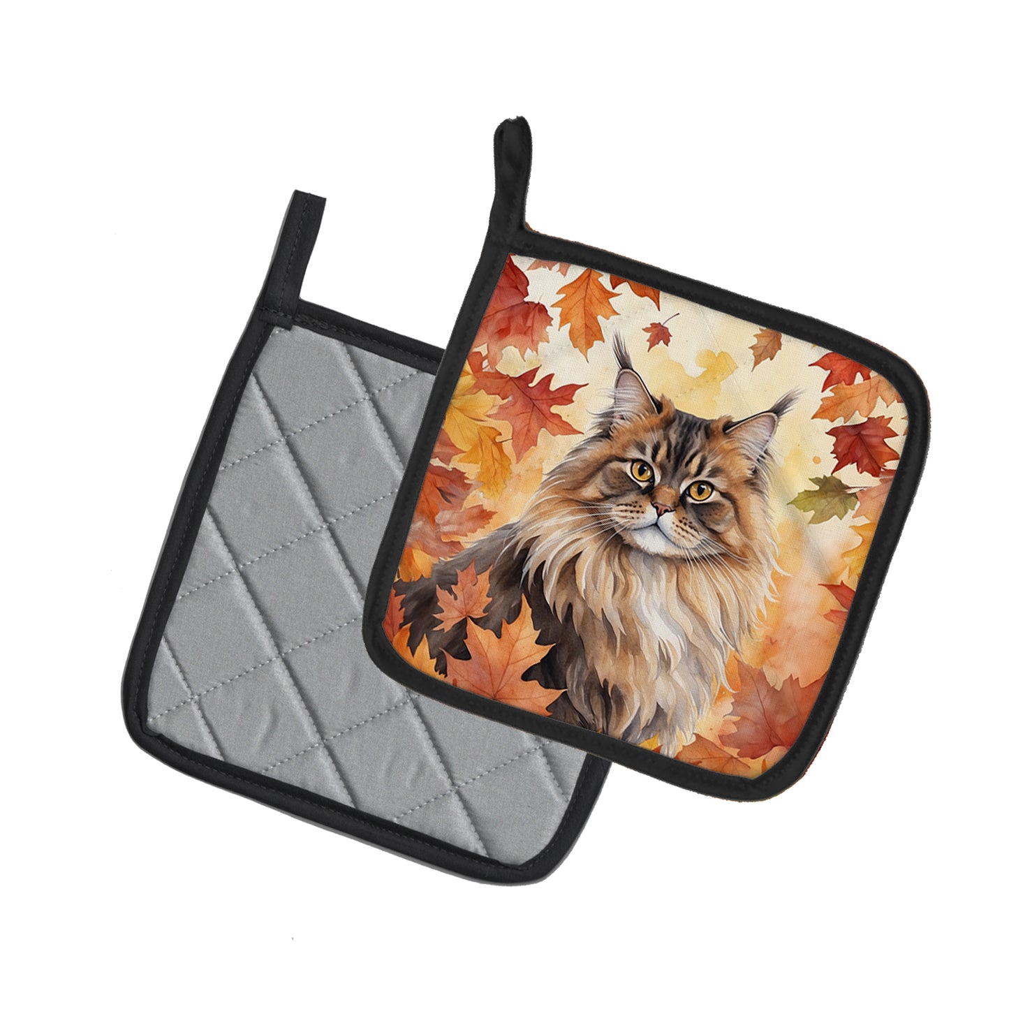 British Longhair Cat in Fall Leaves Pair of Pot Holders