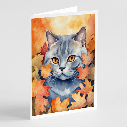 Buy this British Shorthair Cat in Fall Leaves Greeting Cards Pack of 8