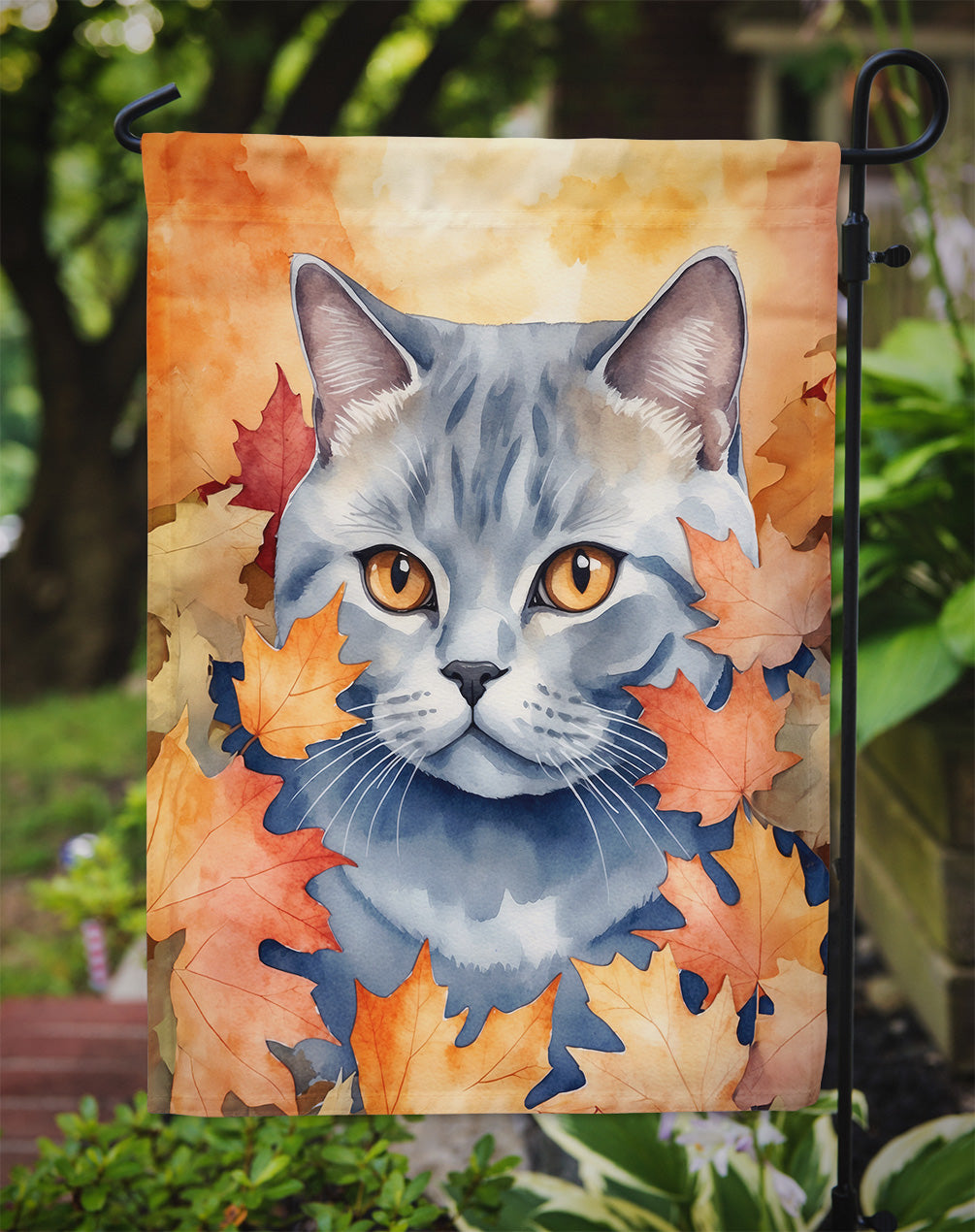 British Shorthair Cat in Fall Leaves Garden Flag