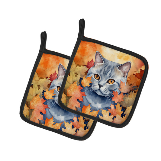 Buy this British Shorthair Cat in Fall Leaves Pair of Pot Holders