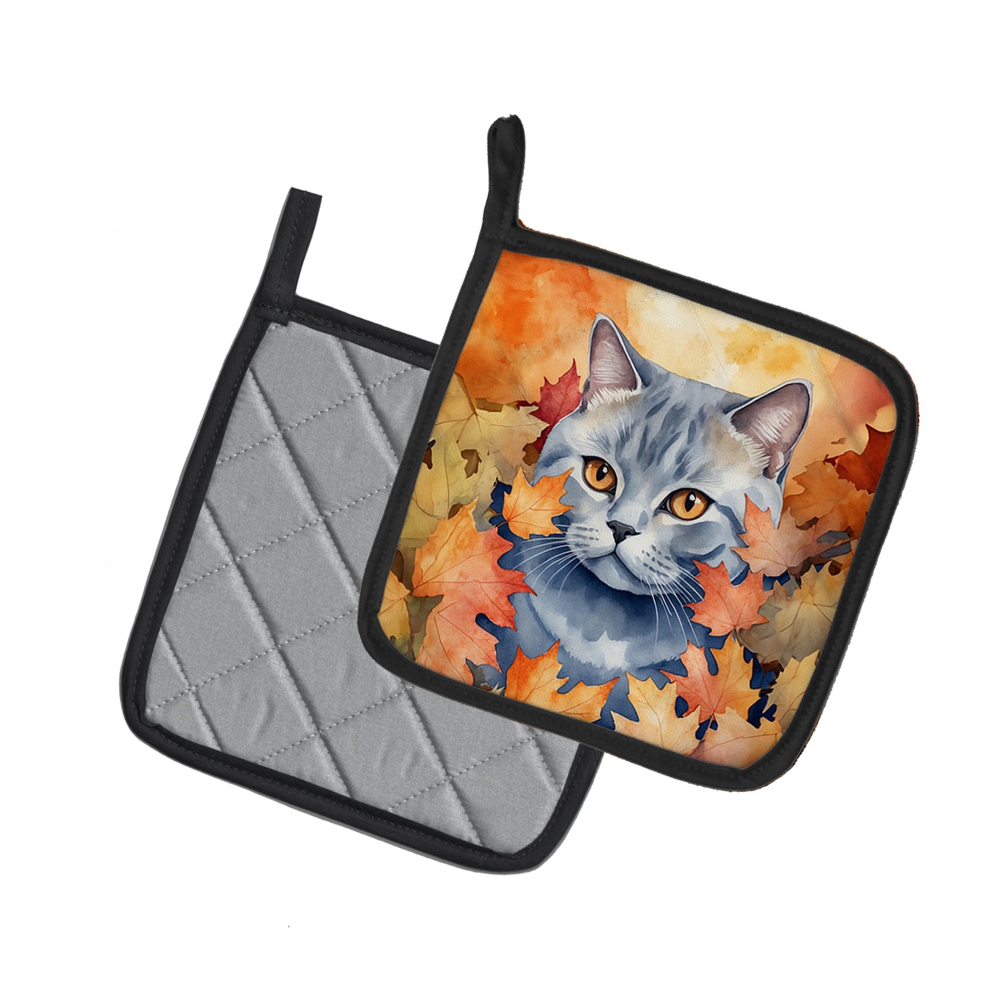 British Shorthair Cat in Fall Leaves Pair of Pot Holders