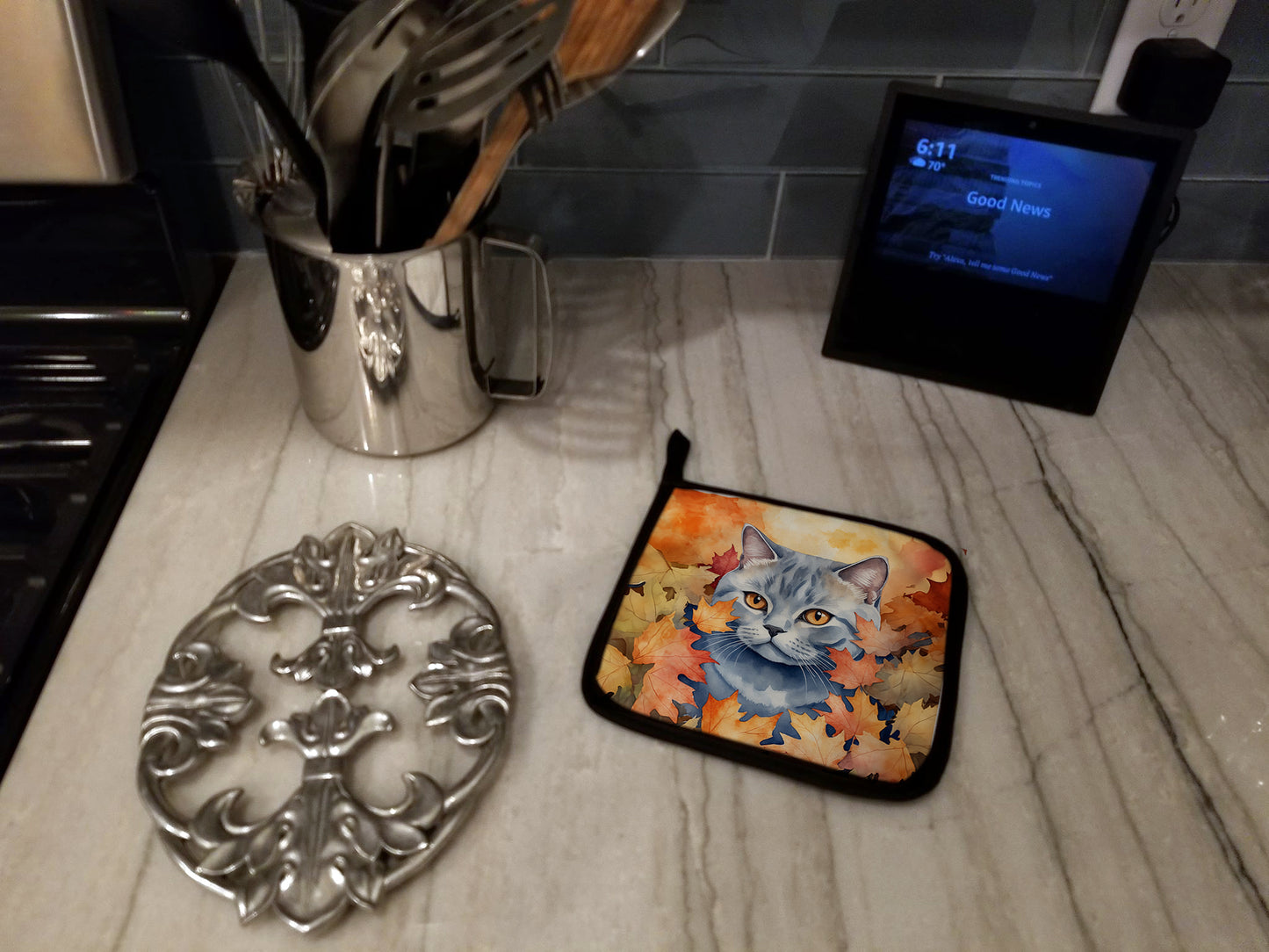 British Shorthair Cat in Fall Leaves Pair of Pot Holders