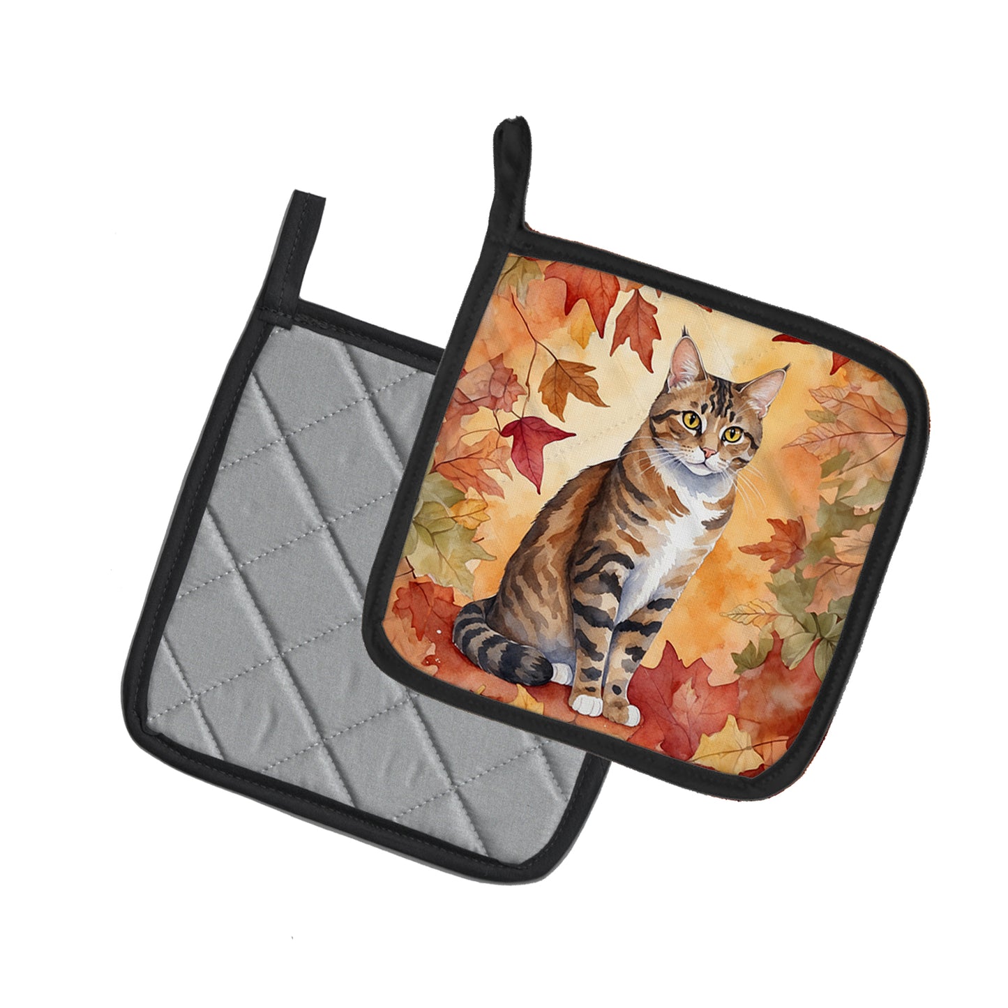 California Spangled Cat in Fall Leaves Pair of Pot Holders