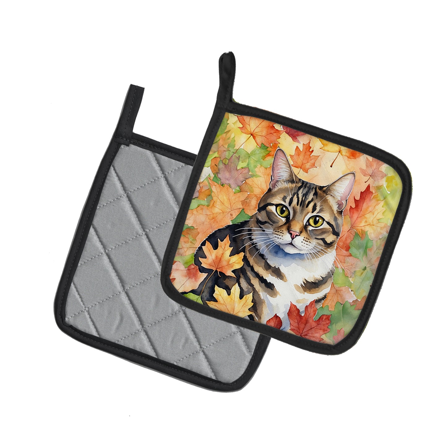 California Spangled Cat in Fall Leaves Pair of Pot Holders