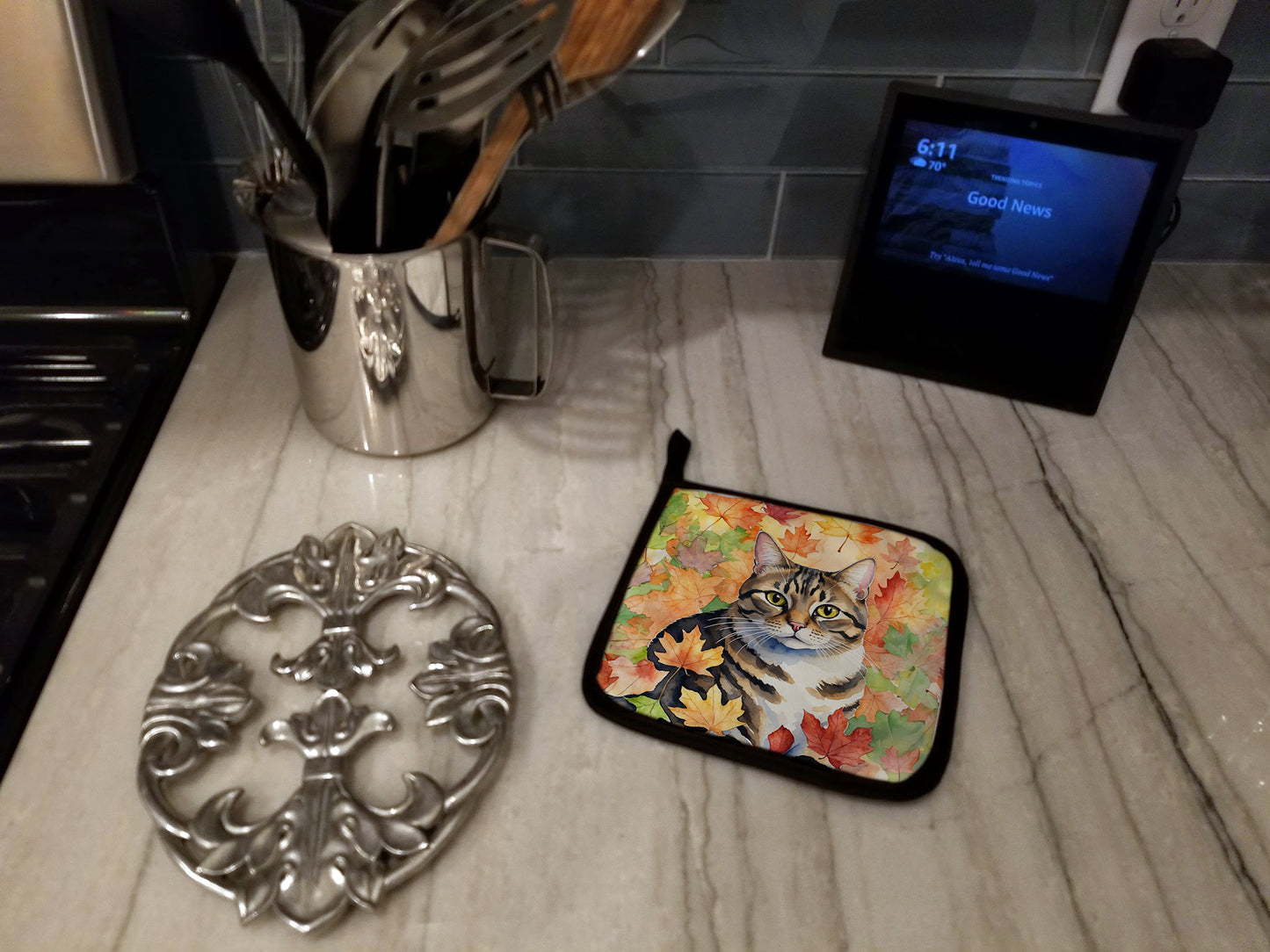 California Spangled Cat in Fall Leaves Pair of Pot Holders